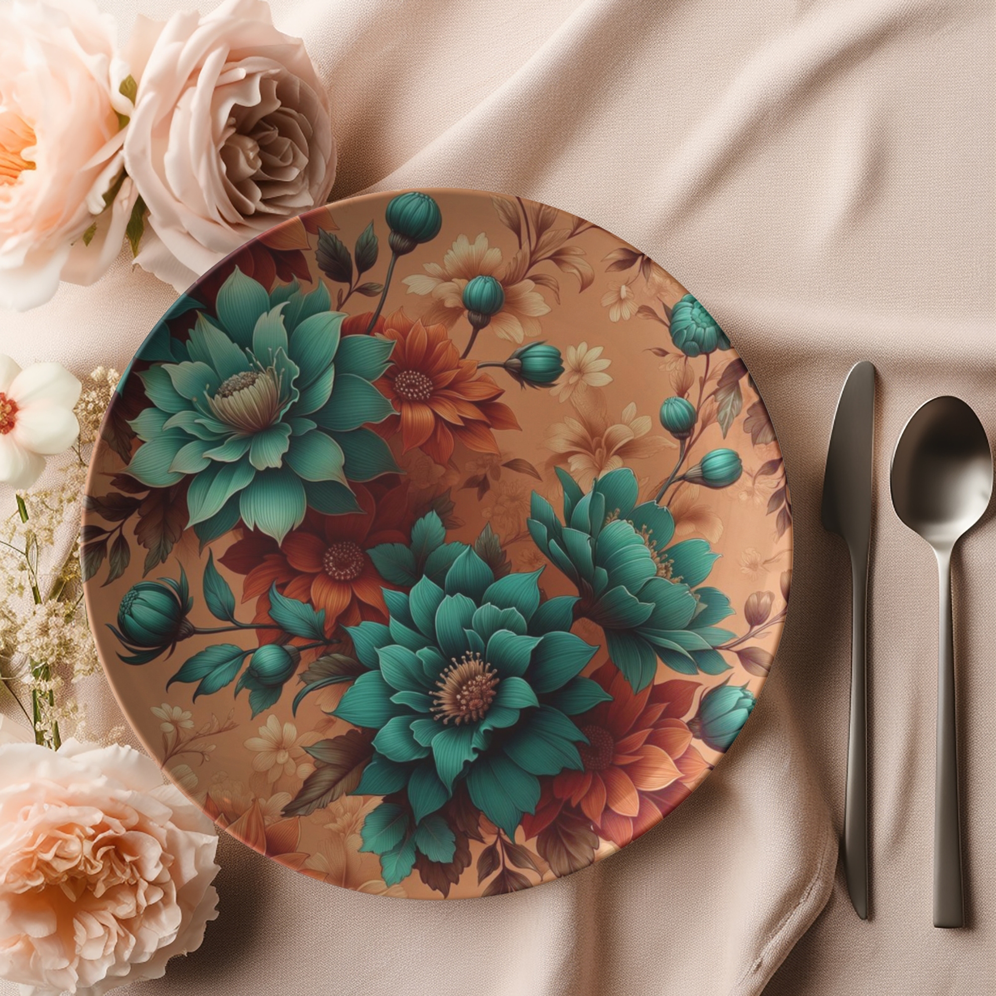 Aqua and Burnt Orange Floral Design 10-Inch Durable Plate for Dinner or Parties - MRSBYVALLE