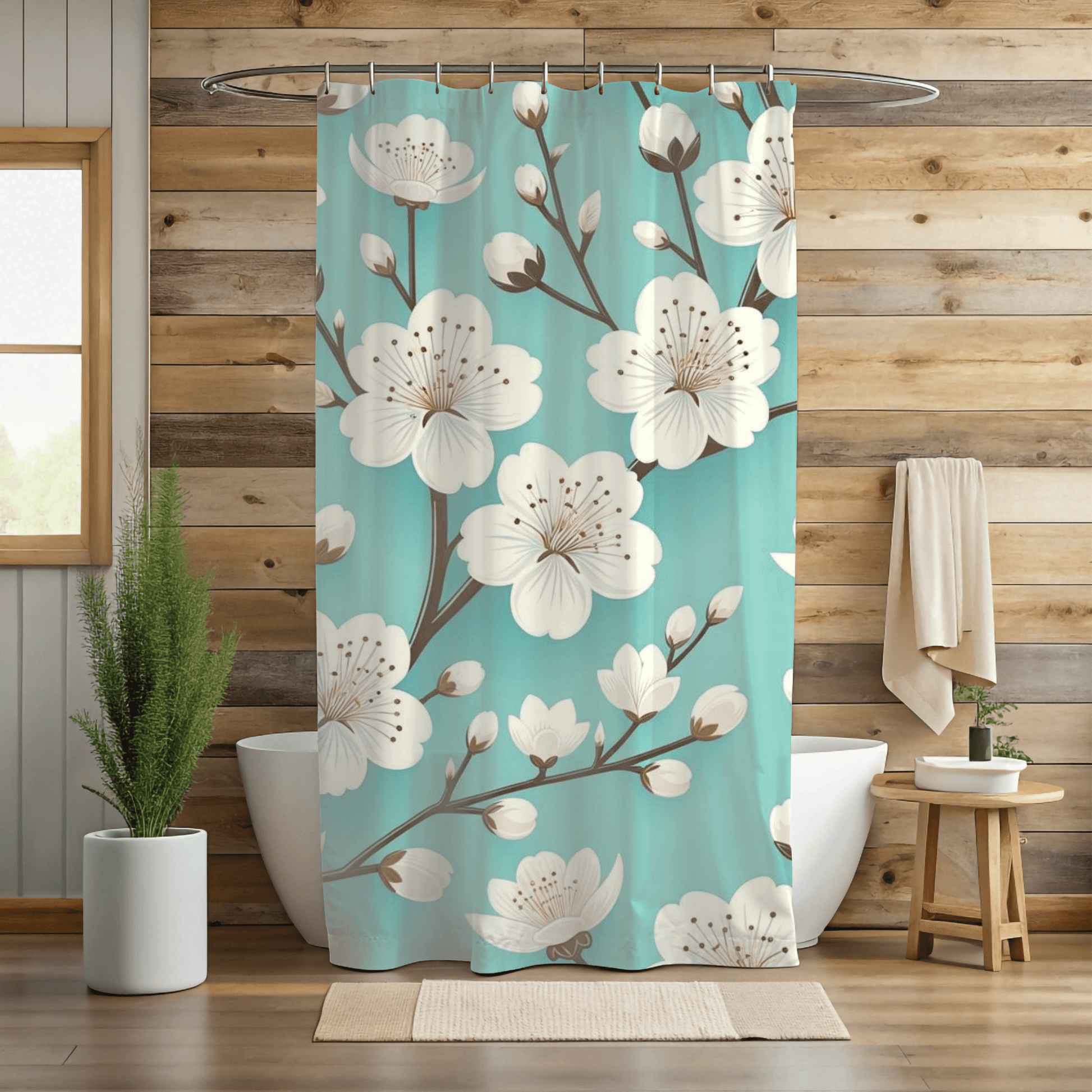 New House White Cherry Blossom Turquoise Shower Curtain Elegant, Seamless Design for Modern Bathroom Decor | Perfect Home Update Functionality for Your Bathroom Decor 71x74 Bathroom Housewarming New House Gift Newlywed Wedding Gift - MRSBYVALLE