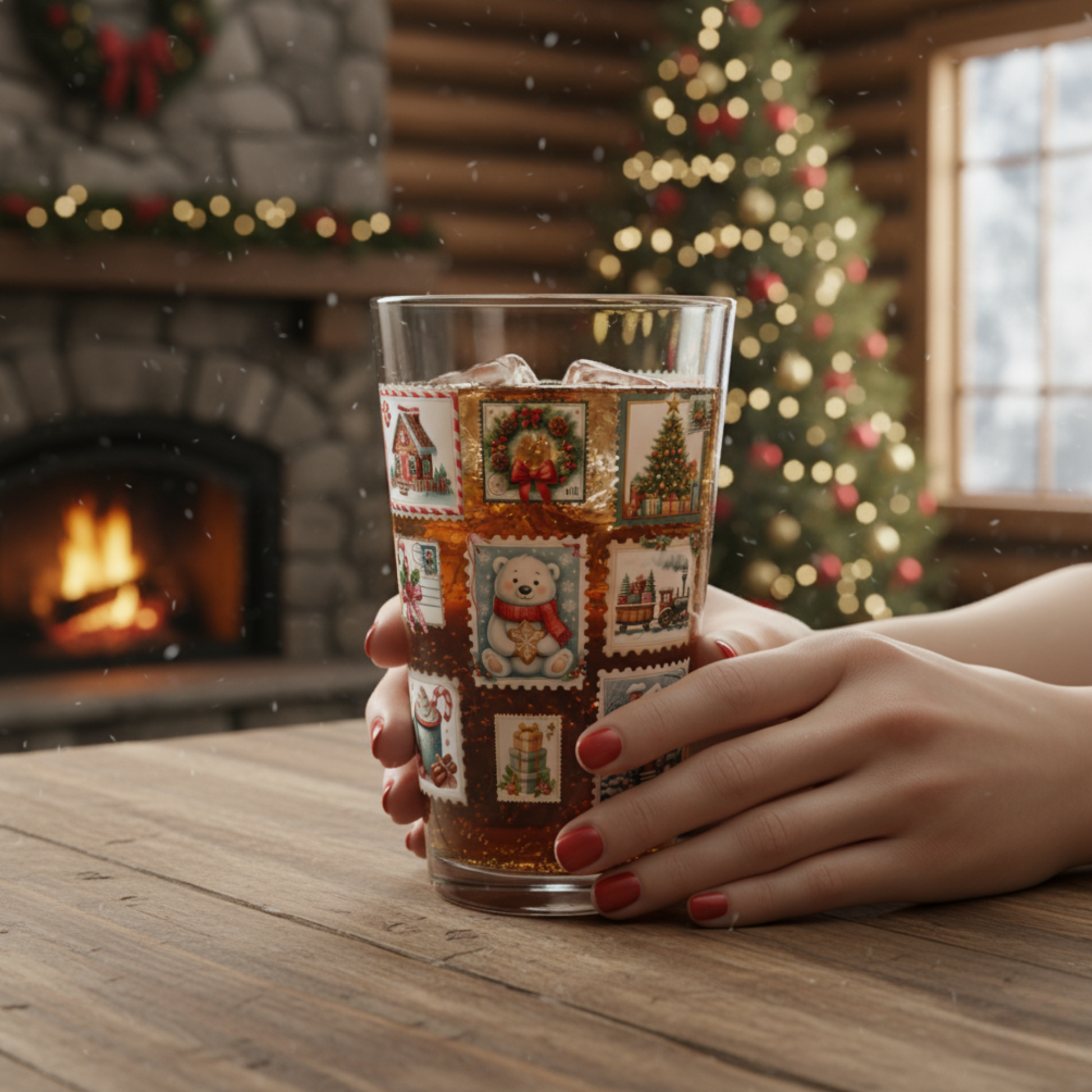 Christmas Postal Stamp Pint Glass Holiday Party 16oz