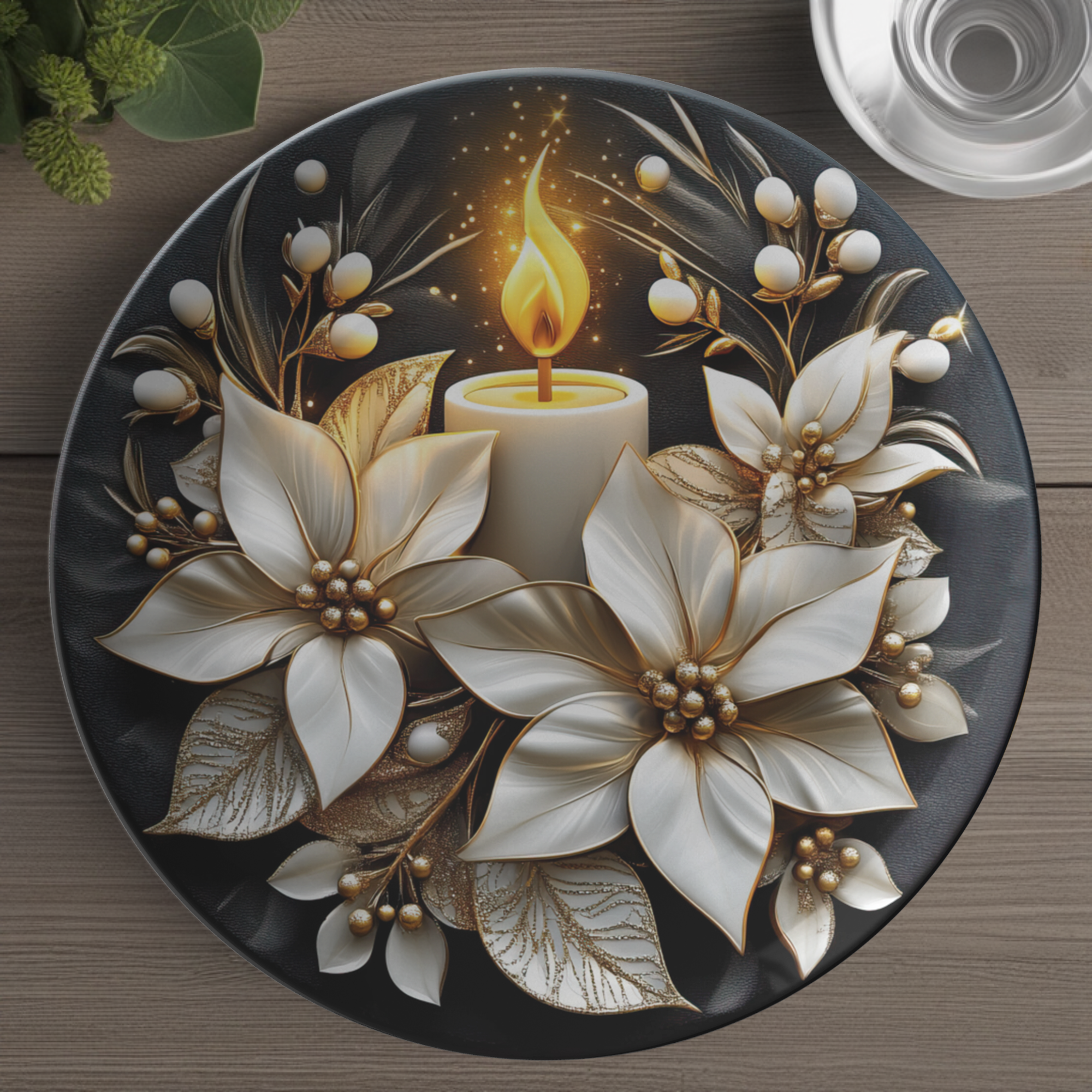 Elegant 10-Inch Christmas Candle Plate Gold & Black Festive Holiday Decor, Perfect for Christmas Table Settings Unique Gift Ideas - MRSBYVALLE