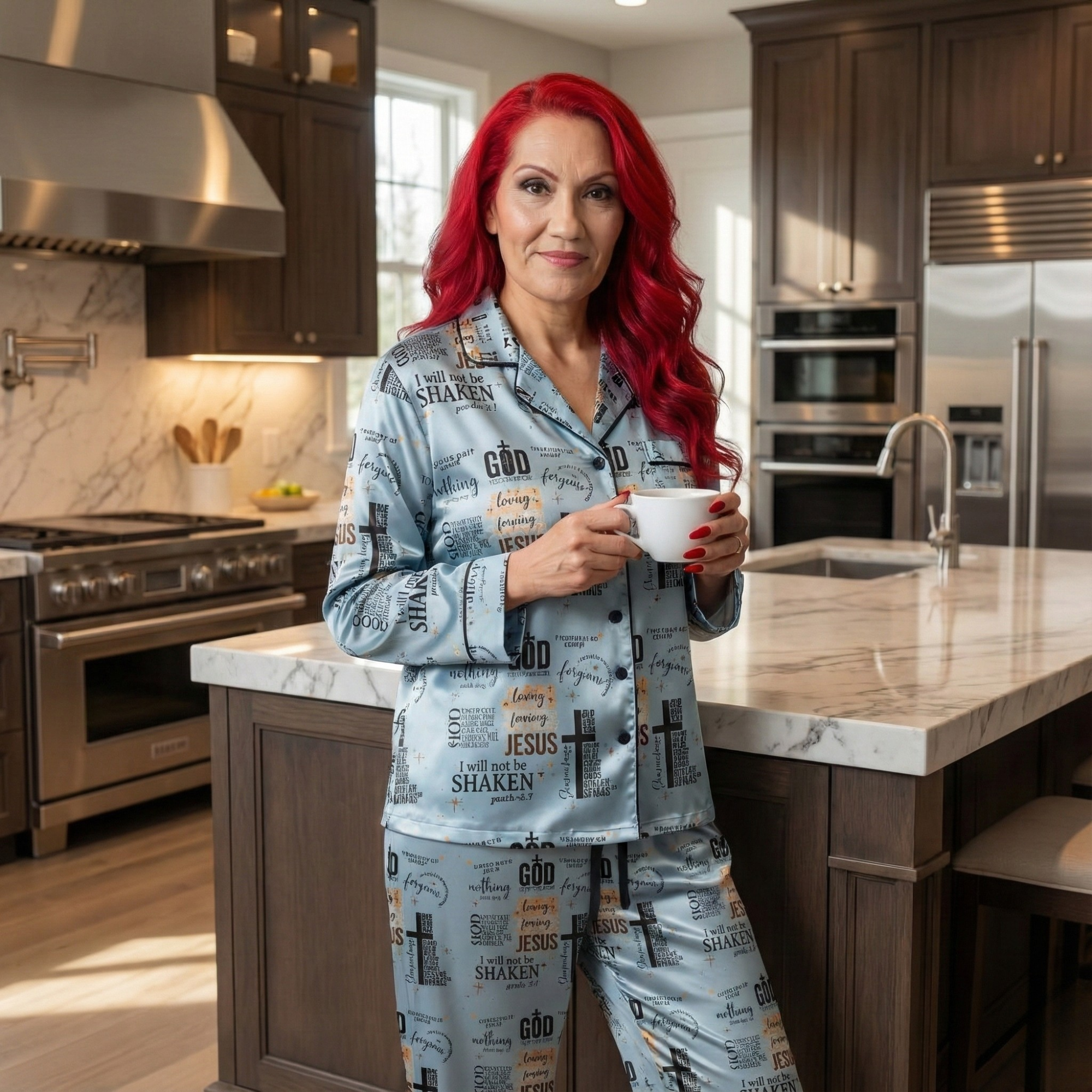Ensemble de pyjama en satin imprimé « Foi inébranlable » – Cadeau parfait pour maman, pour une fête prénuptiale ou une soirée