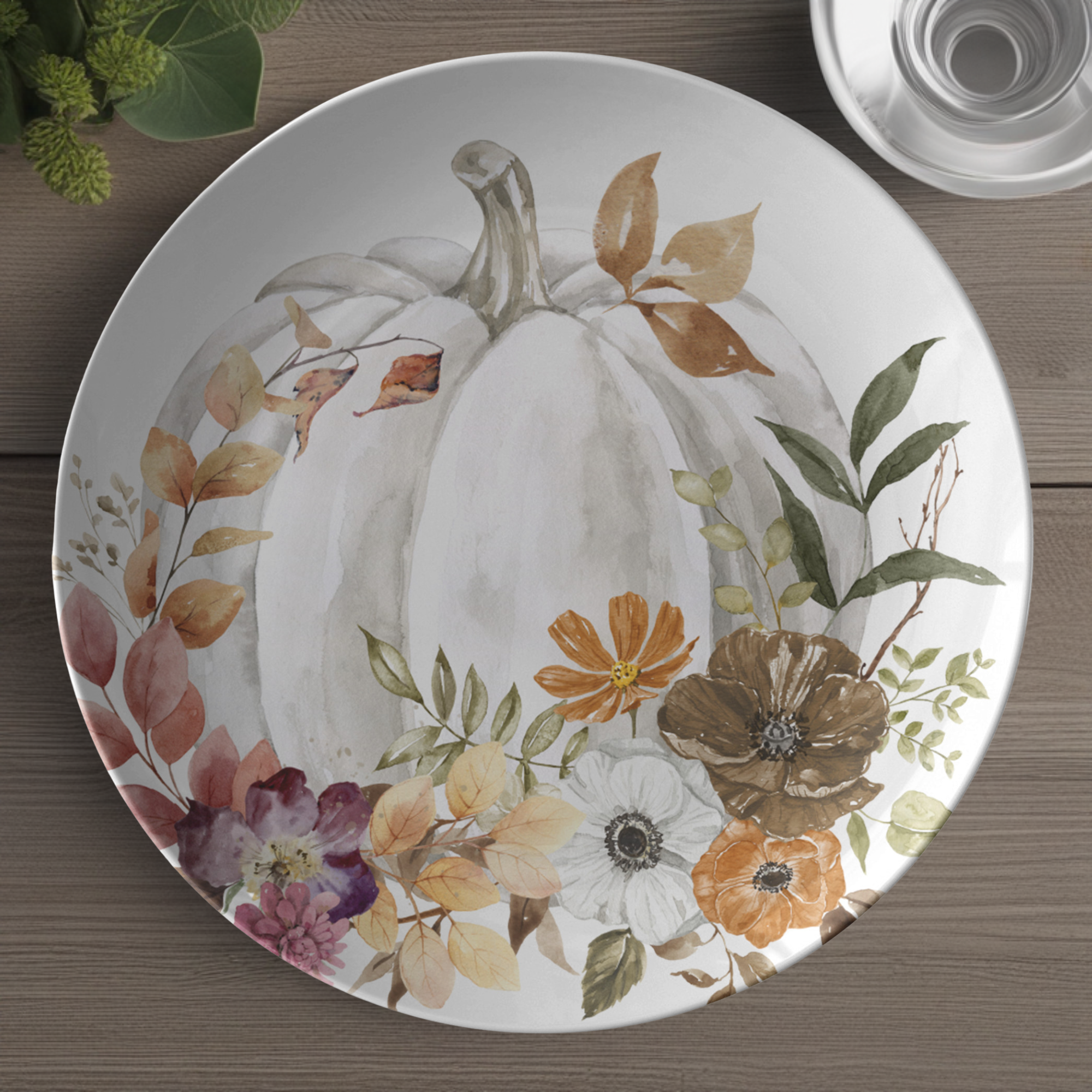 Durable White Pumpkin with Fall Design 10 Inch Plate Perfect for Autumn Décor, Thanksgiving Table Settings, Seasonal Dining, and Elegant Fall-Themed Dinnerware for Any Occasion - MRSBYVALLE