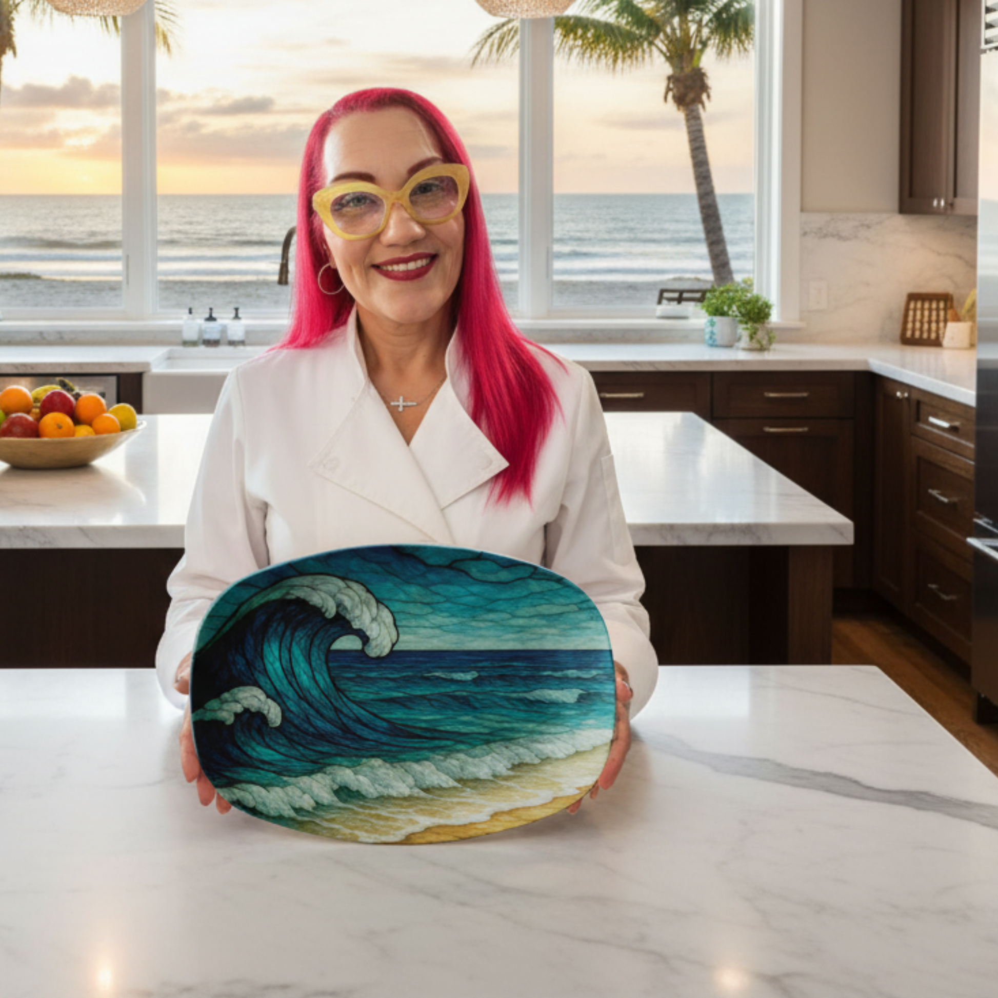 Stained Glass Ocean Waves Platter | Coastal 10x14 Beach Serving Dish