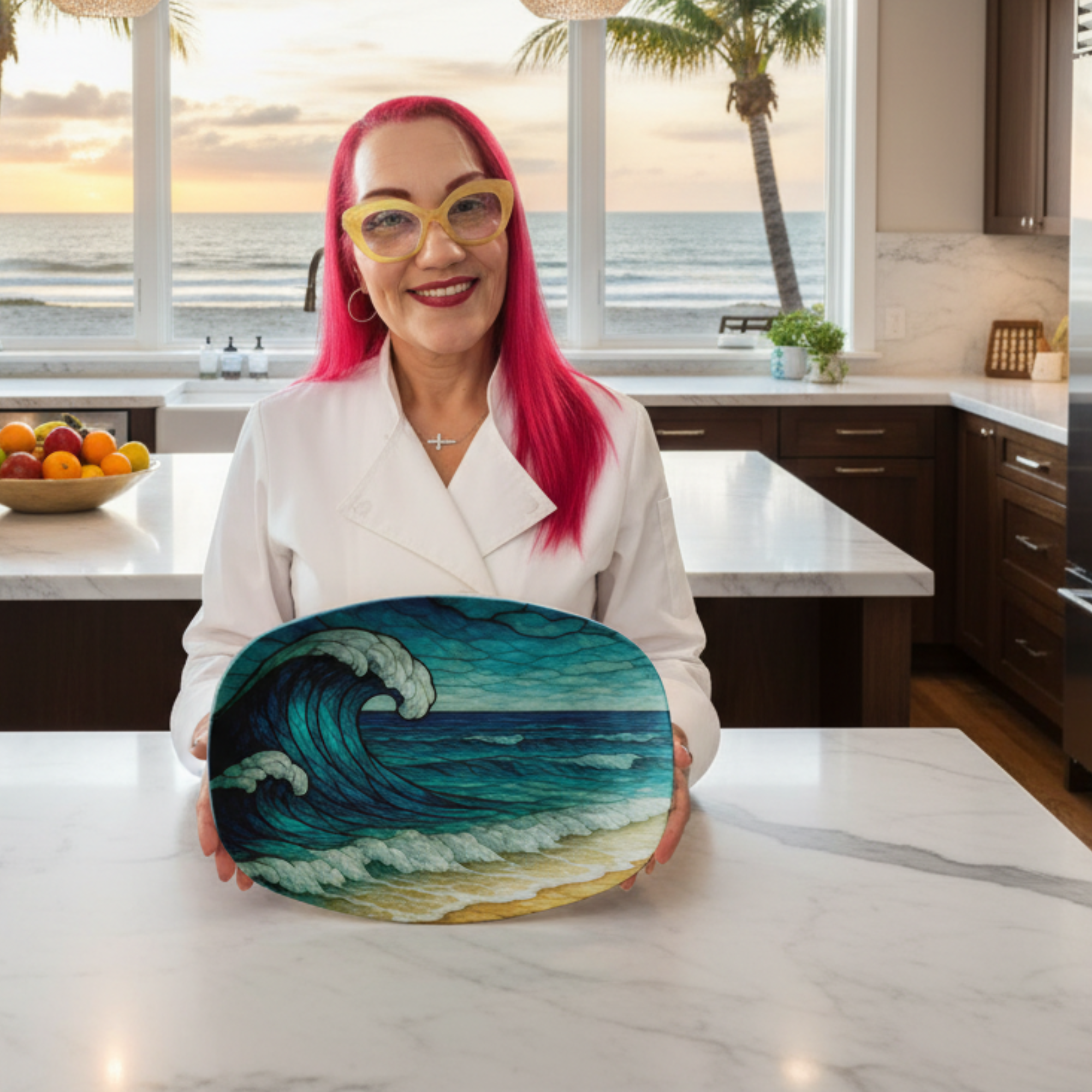 Stained Glass Ocean Waves Platter Coastal 10x14 Beach Serving Dish