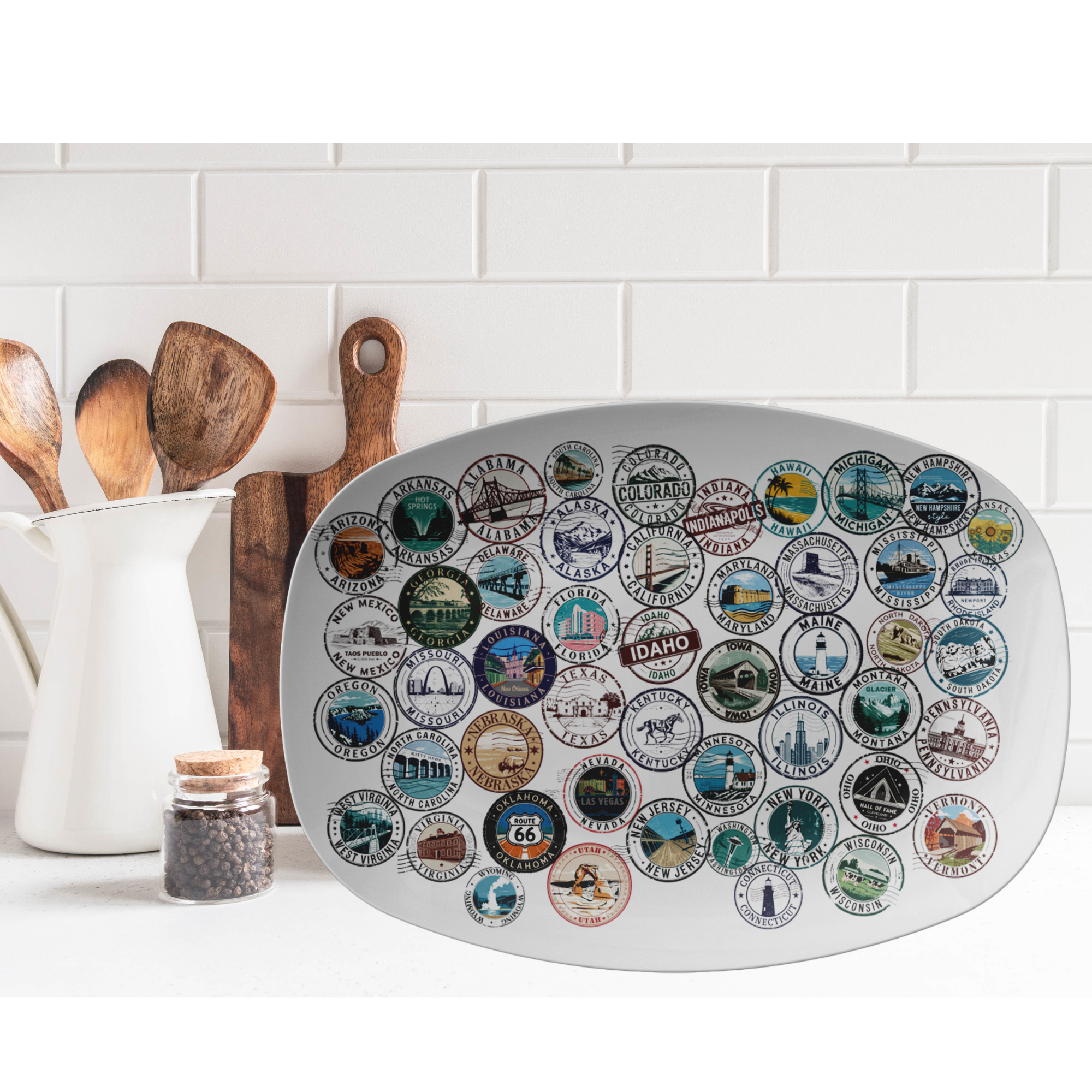 Vintage 50 States Stamps Platter (10x14) A Unique Handmade USA Souvenir, Perfect Kitchen Gift & Americana Decor for Travel Enthusiasts Gift for Mom
