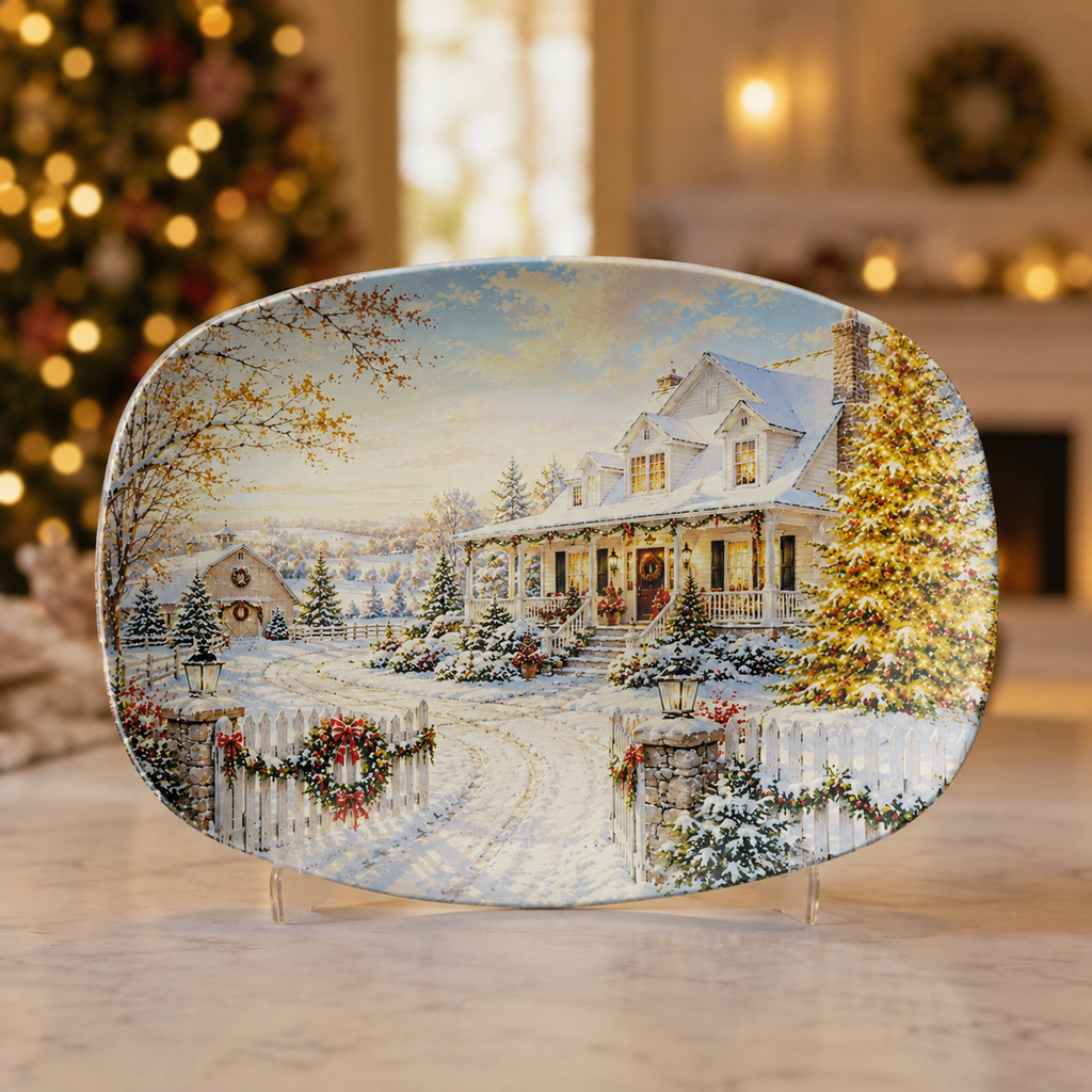Vintage Farmhouse Winter Wonderland Serving Platter | Christmas Holiday Farmhouse Platter | Snowy Winter Scene Entertaining Tray