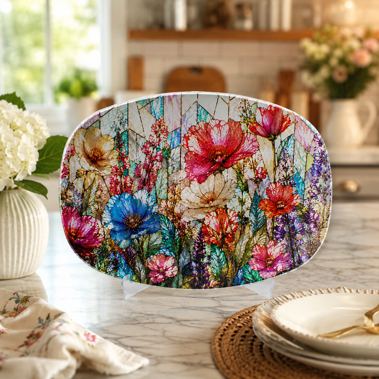 Stained Glass Illusion Wildflower Serving Platter | Colorful Floral Decorative Platter