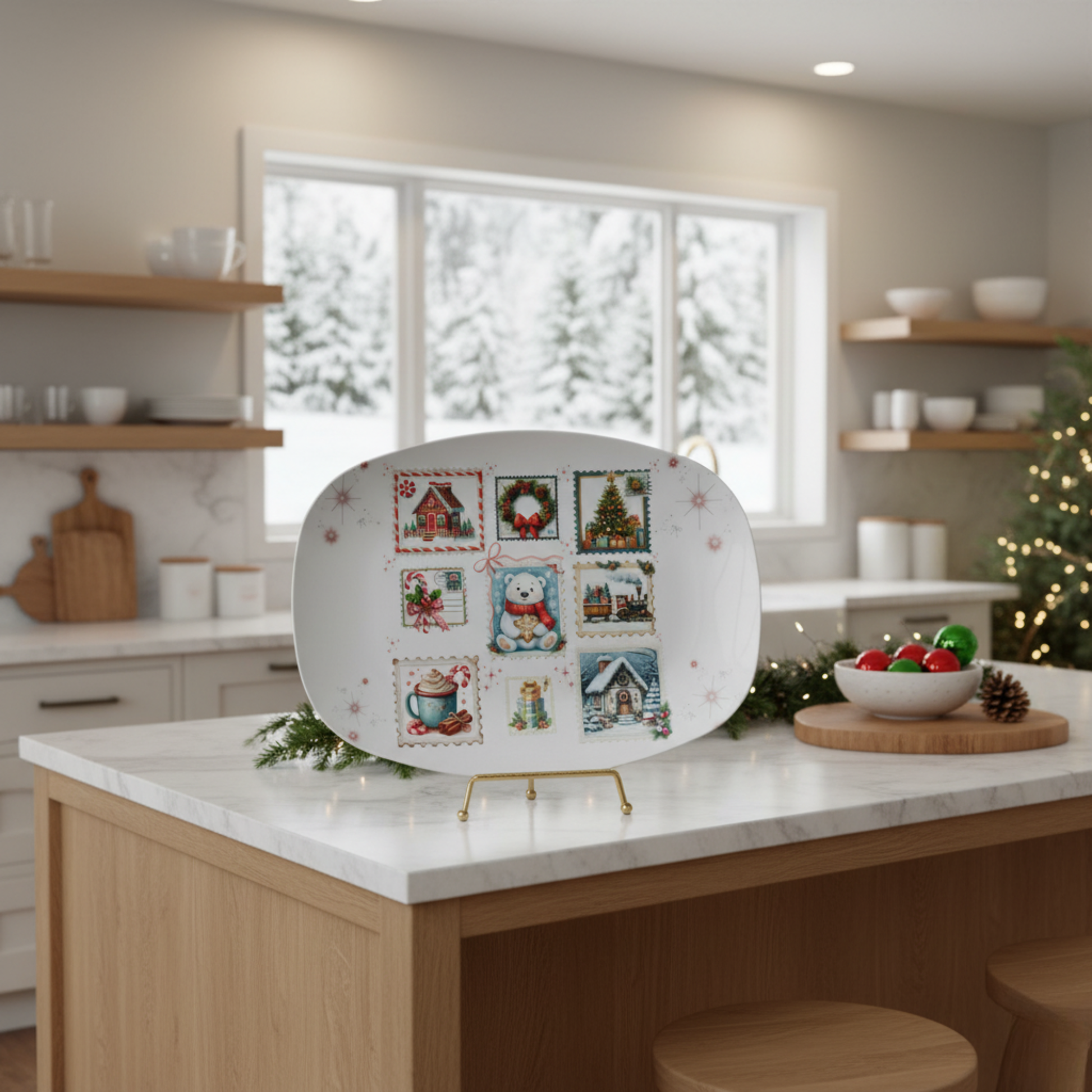 Vintage Postage Stamps Christmas Platter – Nostalgic Holiday Serving Dish