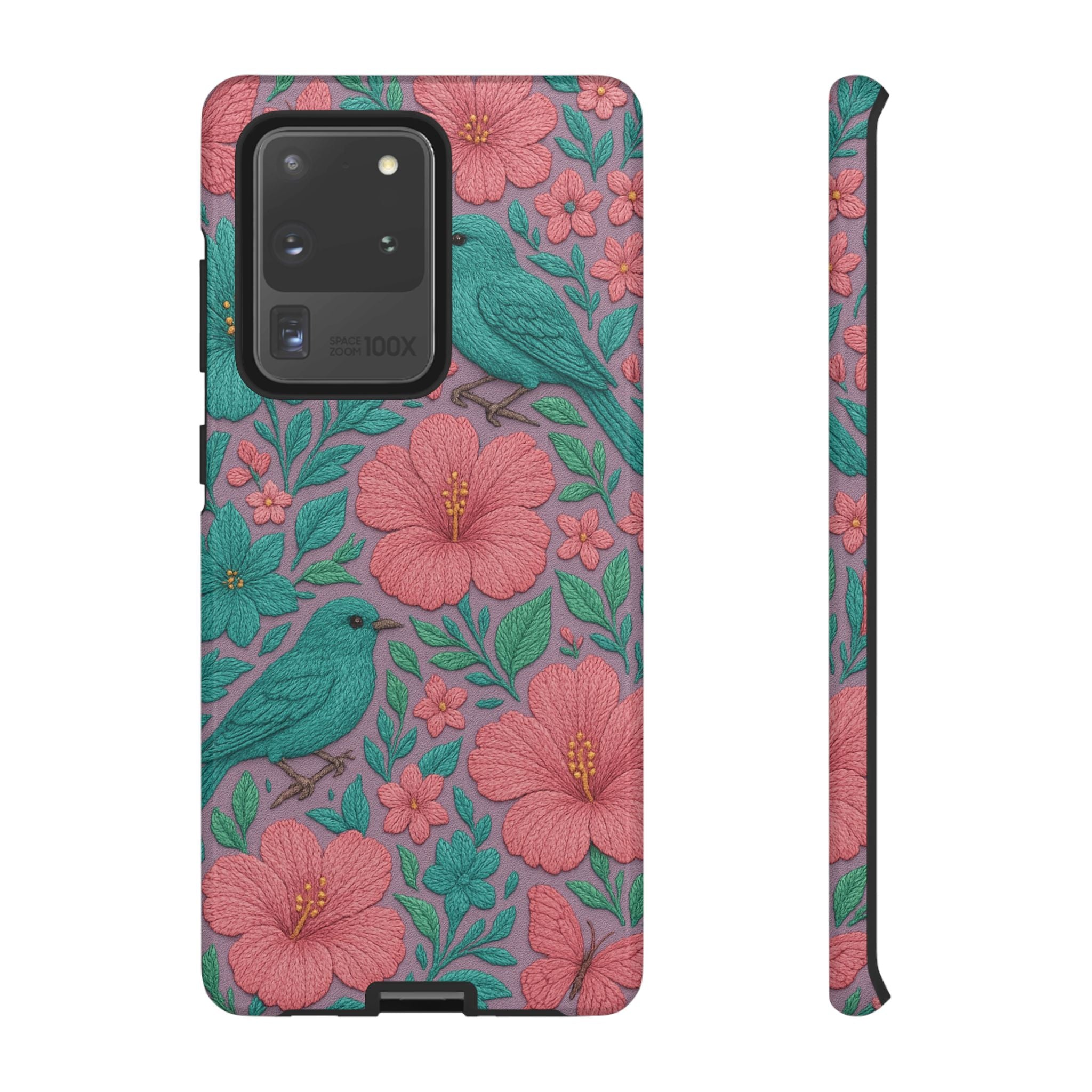 Turquoise, Pink and Lavender 3D Embroidery Illusion Phone Case Tropical Flowers, Birds & Butterflies Cover with Bold, Realistic Floral Texture iPhone, Samsung