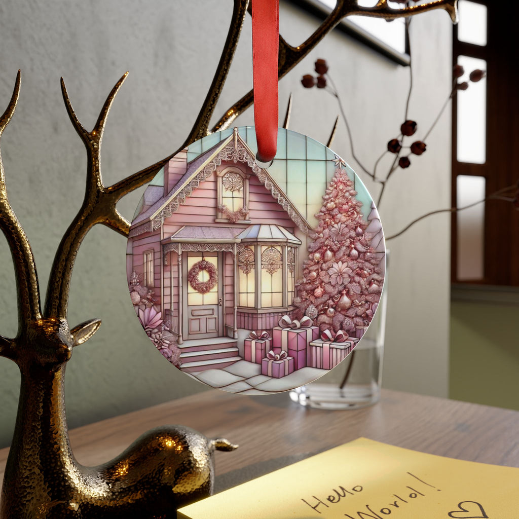 Vintage Pink Christmas House Ornament - Acrylic with Ribbon Perfect Holiday Decor, Unique Christmas Gift Idea, Pastel Holiday Decoration, Cozy Home Tree Design - MRSBYVALLE