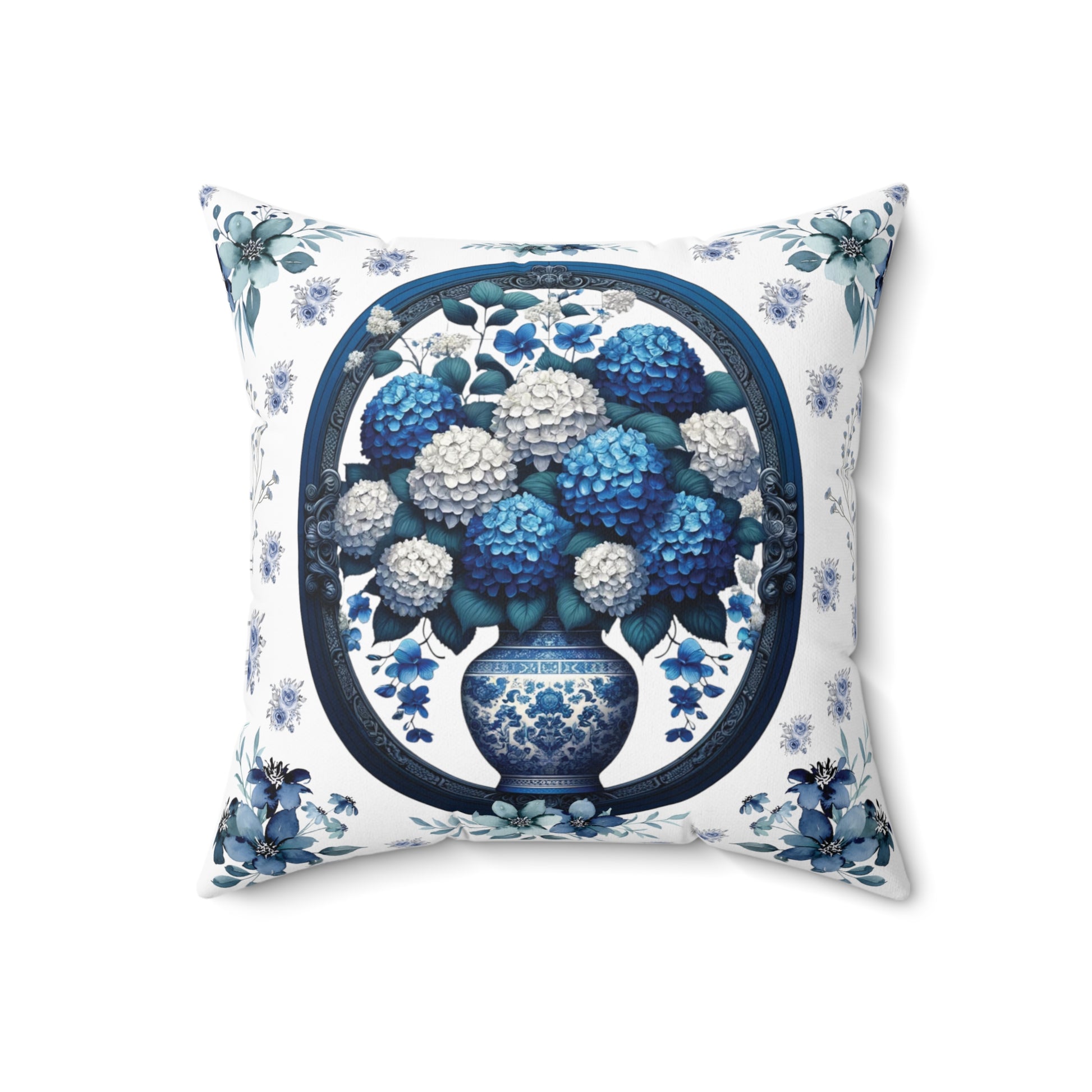 Square Pillow Vintage Chinoiserie Hydrangeas Square Pillow: Elegant Blue White Victorian Frame Ideal for Luxurious Home Decor Comfort for Living Room, Bedroom or Housewarming Gift New House, Bridal Shower Gift.