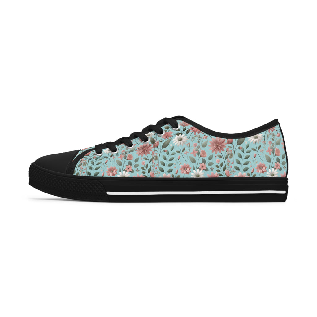 Aqua and Pink Floral Women's Low Top Sneakers Breathable Polyester Canvas, Lightweight Stylish Floral Pastel Design, Comfortable All-Day Wear, Perfect for Walking and Everyday Activities - MRSBYVALLE