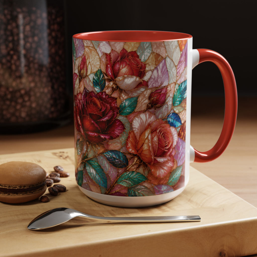 Floral Stained-Glass Accent Coffee Mug Colorful Rose Pattern (11/15 oz) Gift for Her