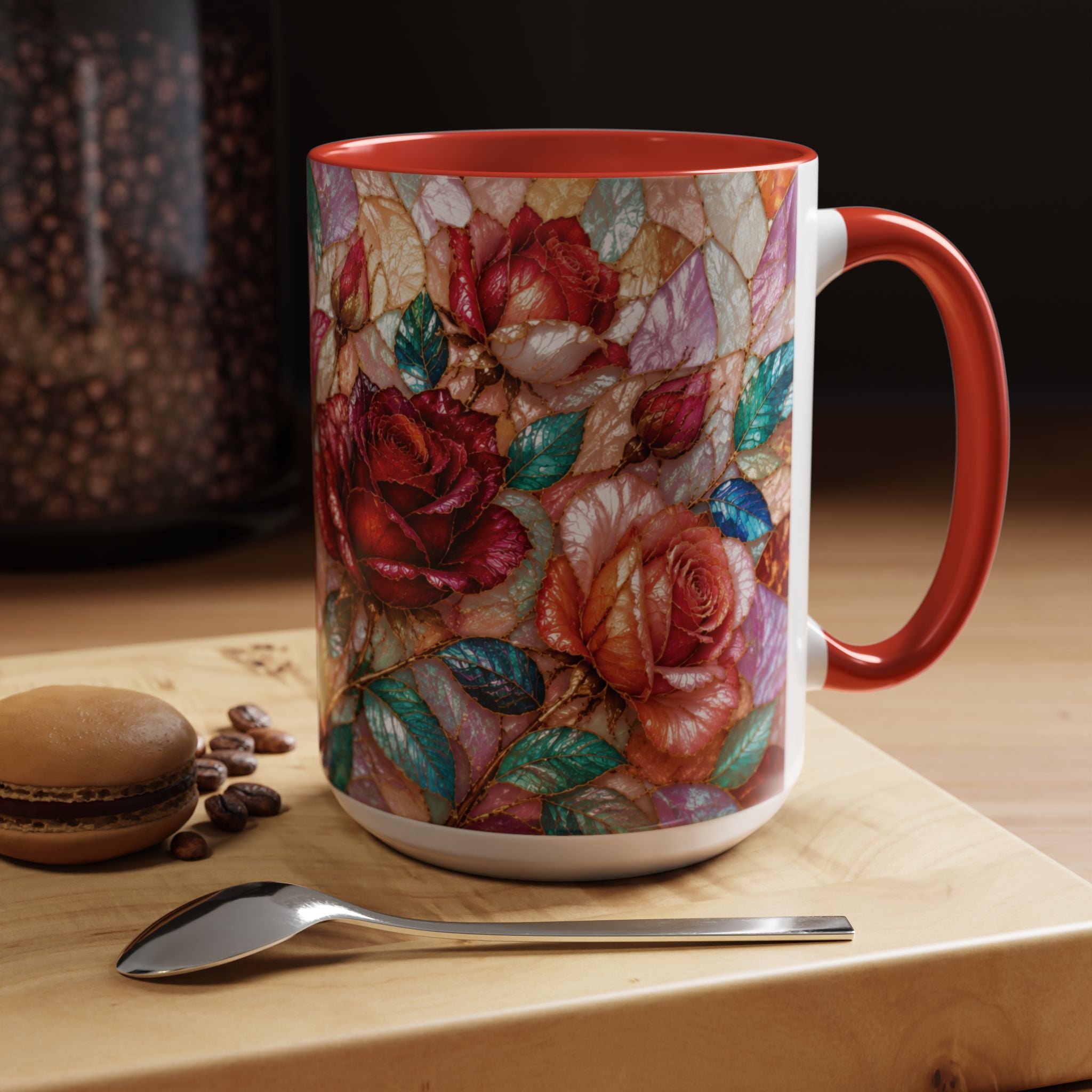 Floral Stained-Glass Accent Coffee Mug Colorful Rose Pattern (11/15 oz) Gift for Her