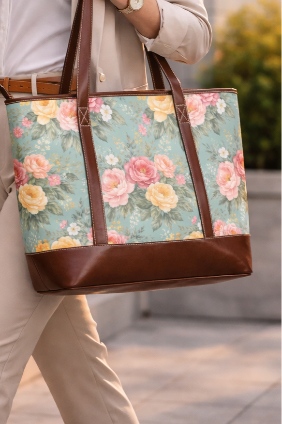Woman in business attire holding a floral tote bag and a coffee cup.