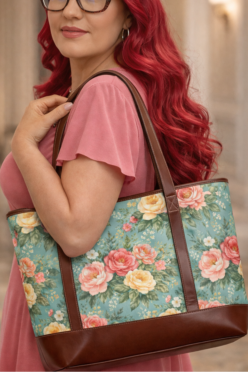 Sac à main vintage roses fleuries | Sac cabas motif rose sarcelle avec garniture en cuir