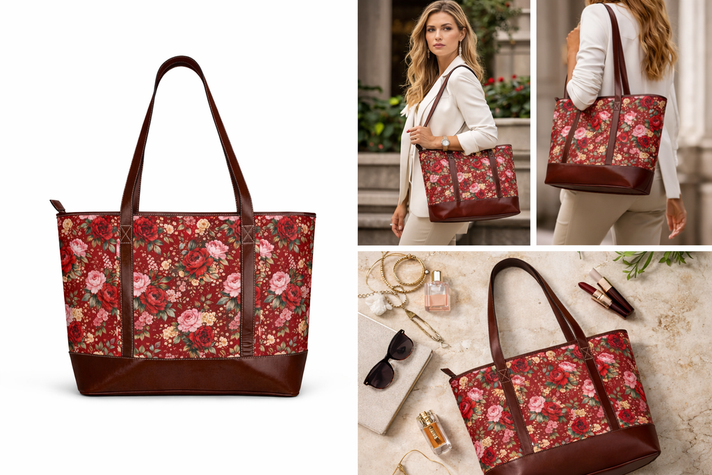 Cherry Red Floral Handbag | Floral Pattern Purse, Red Flower Tote