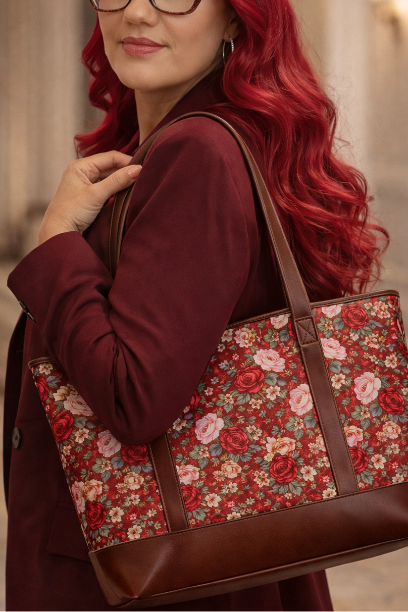 Woman with red hair holding a floral-patterned handbag in an indoor setting