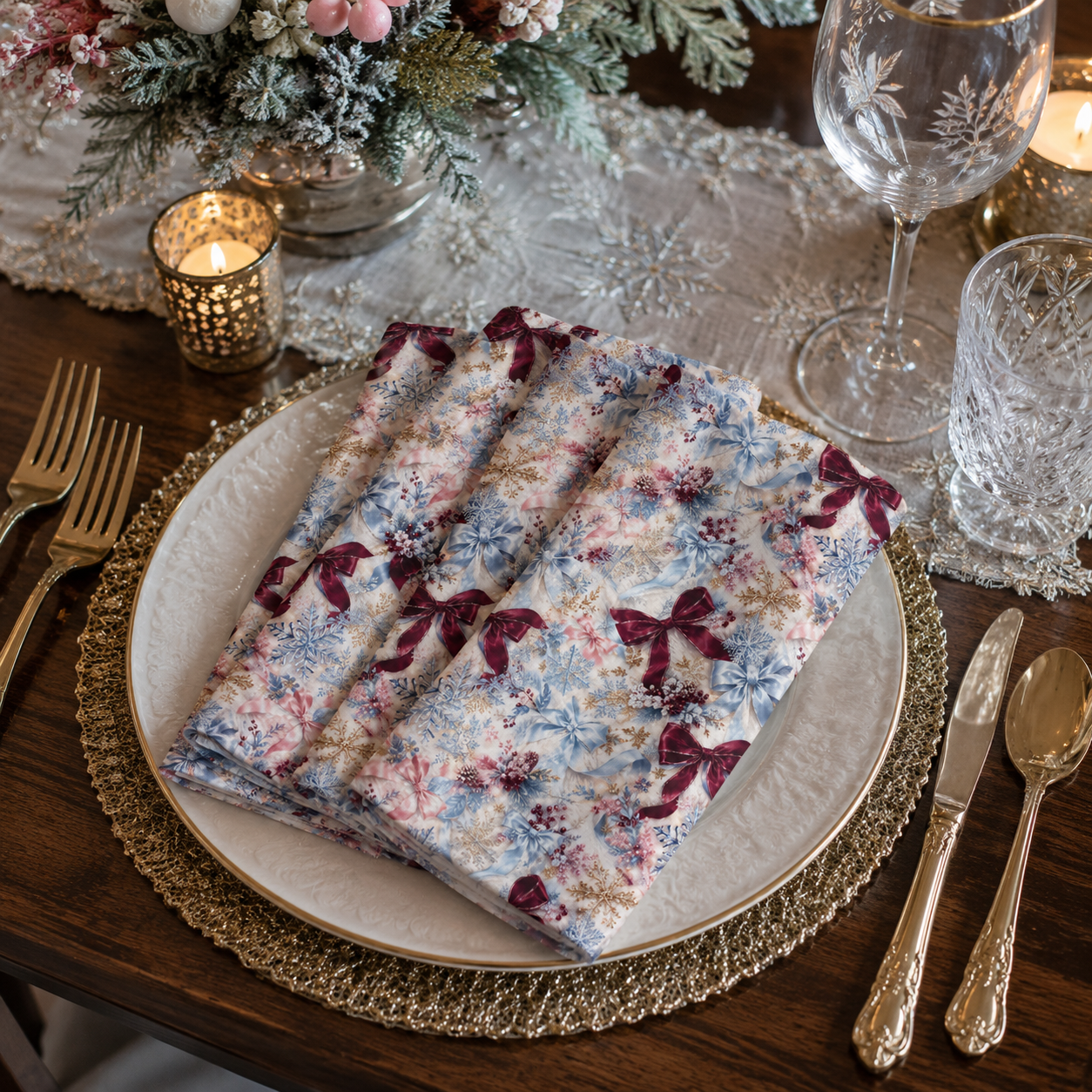 Vintage Floral Bow Napkins | Set of 4, Watercolor Botanical Icy Blue Pinks Holiday Table Dinner Party