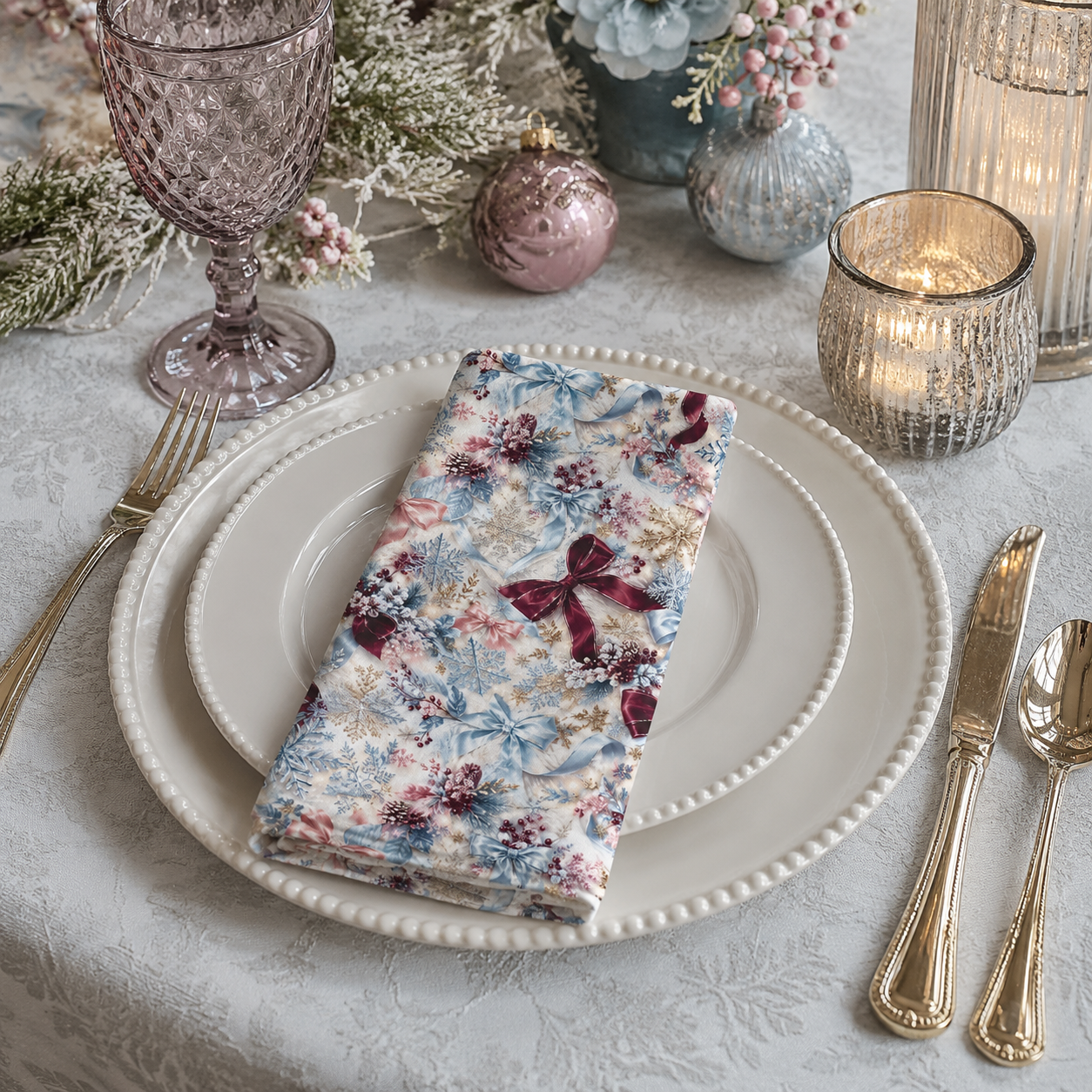 Vintage Floral Bow Napkins | Set of 4, Watercolor Botanical Icy Blue Pinks Holiday Table Dinner Party