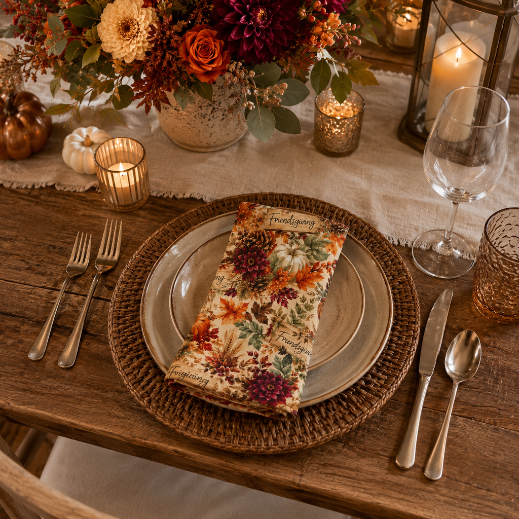 Autumn Harvest pattern Napkins | fall pumpkins leaves cranberries set of 4