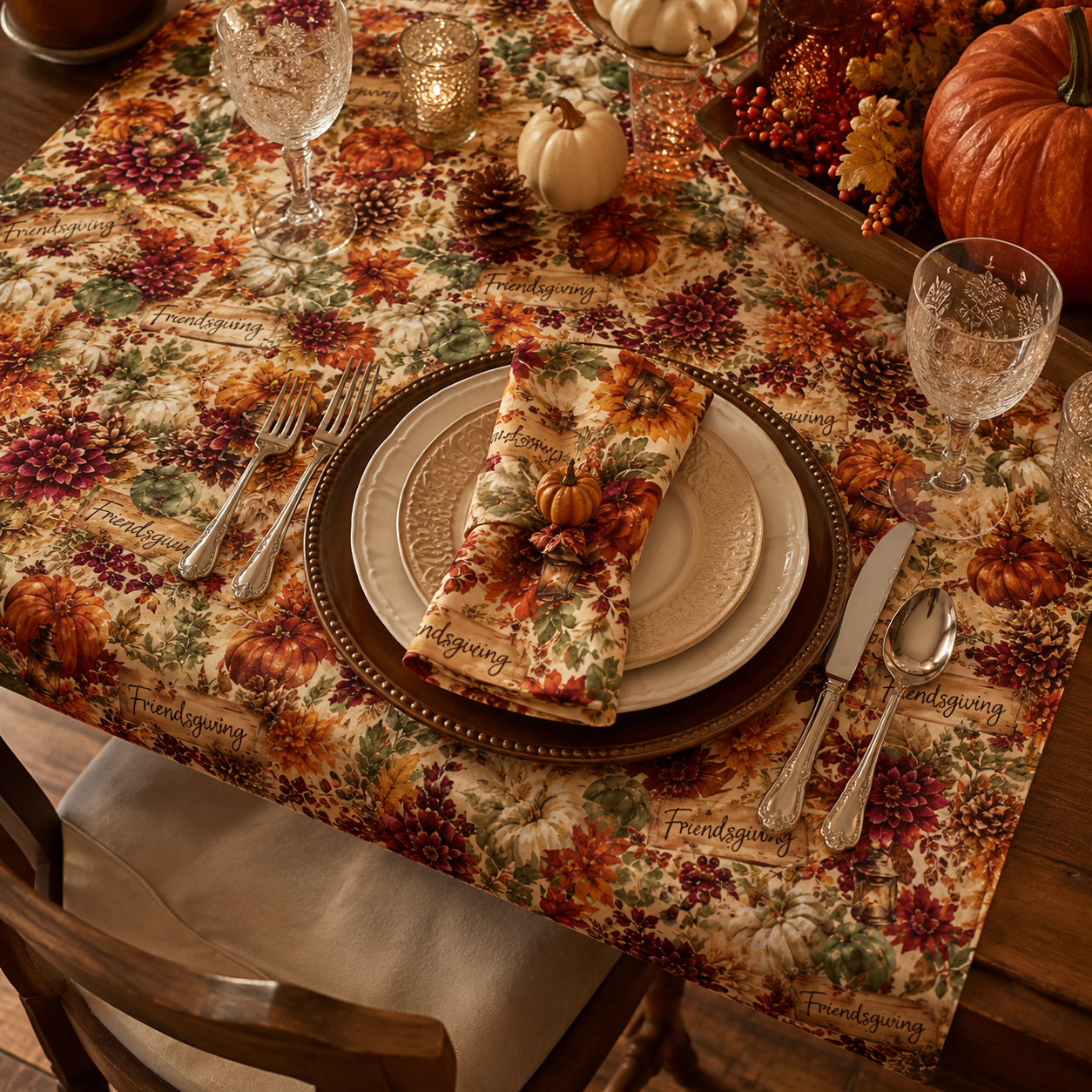 Autumn Harvest pattern Napkins | fall pumpkins leaves cranberries set of 4