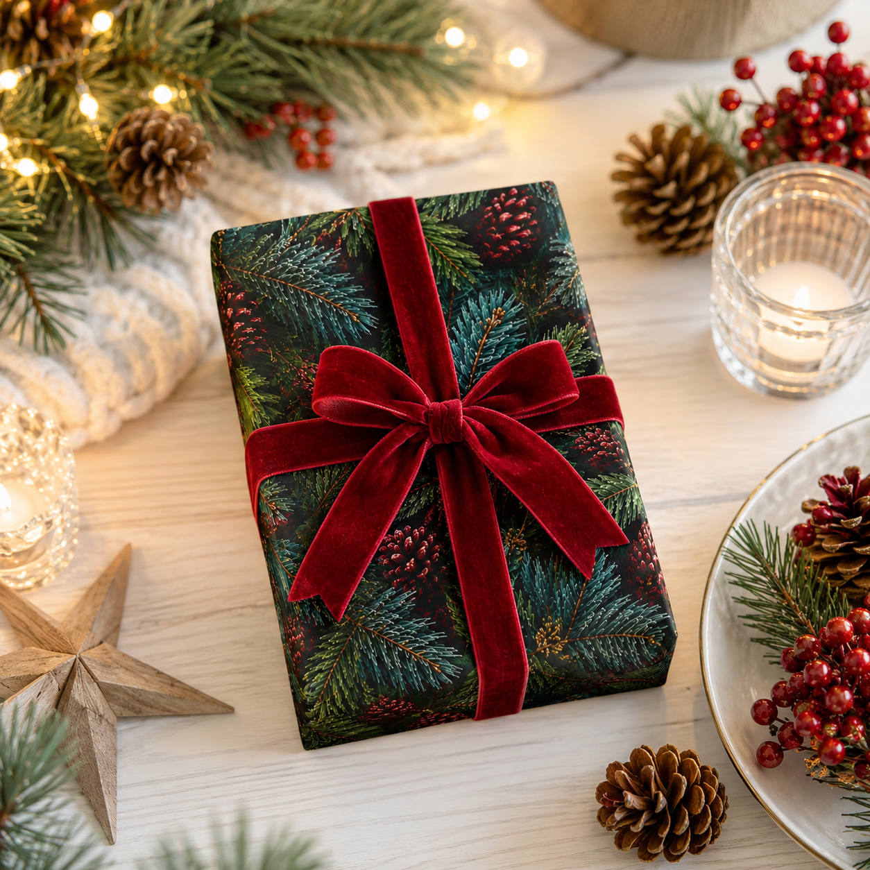 Vintage Colorado Spruce Gift Wrap Evergreen Pine & Burgundy Pinecone Christmas Wrapping Paper