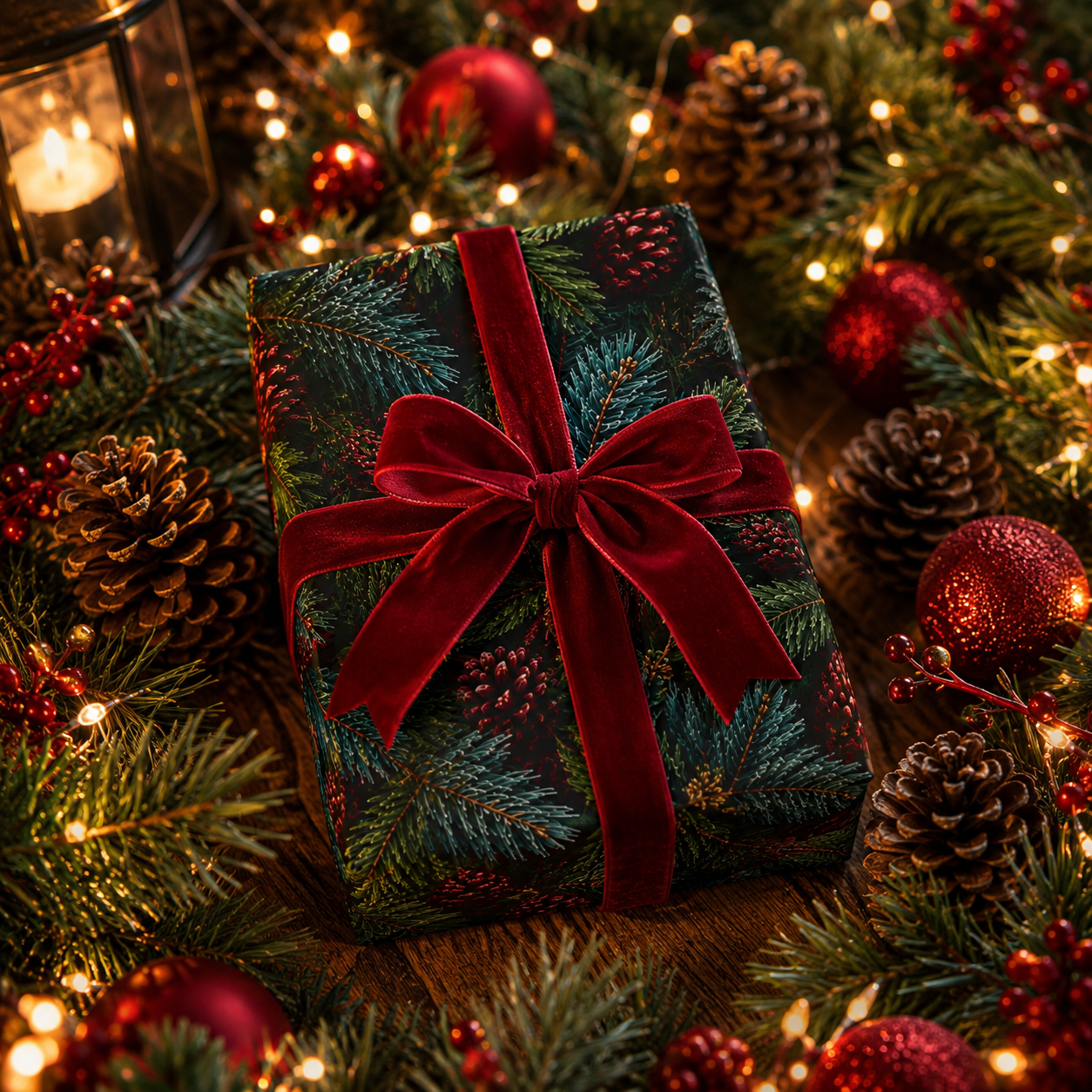 Vintage Colorado Spruce Gift Wrap Evergreen Pine & Burgundy Pinecone Christmas Wrapping Paper