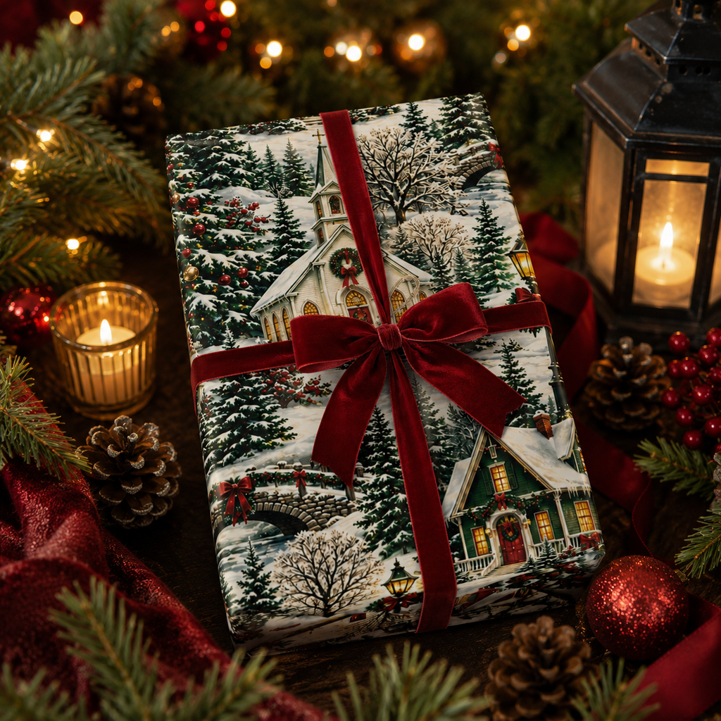 Vintage Christmas Village Gift Wrap Snowy Church & Cottage Wrapping Paper Rustic Holiday Present Wrap