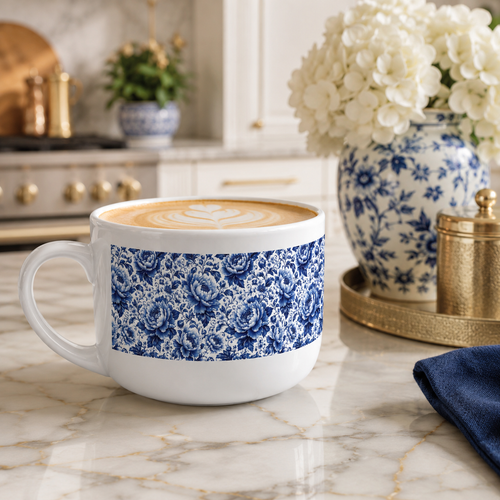 Blue & White Chinoiserie Peony 25 oz Ceramic Latte Mug | Elegant Floral Coffee Cup