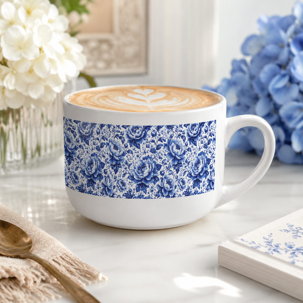 Blue & White Chinoiserie Peony 25 oz Ceramic Latte Mug | Elegant Floral Coffee Cup