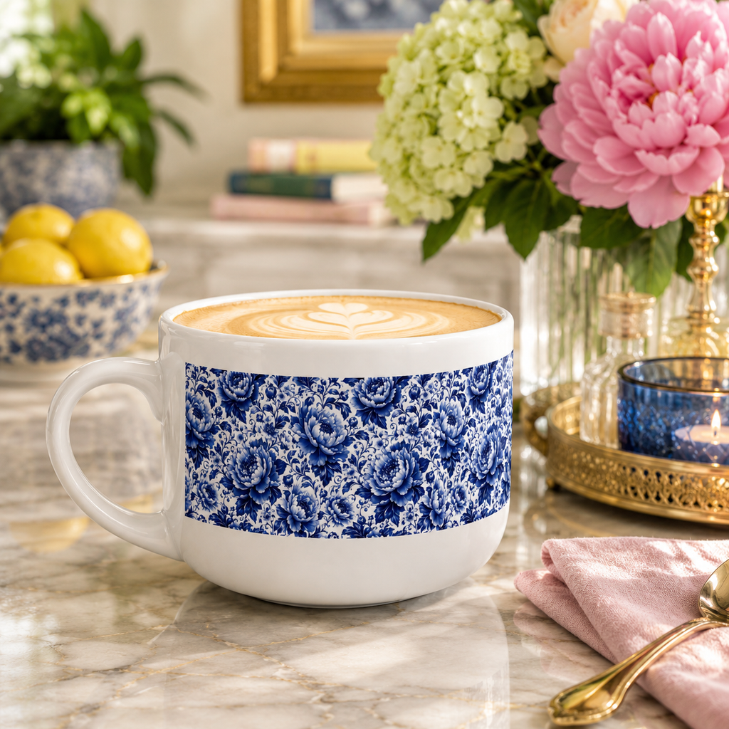 Blue & White Chinoiserie Peony 25 oz Ceramic Latte Mug | Elegant Floral Coffee Cup