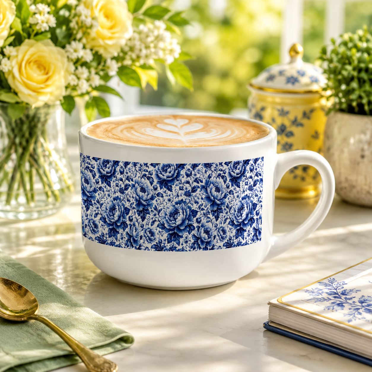 Blue & White Chinoiserie Peony 25 oz Ceramic Latte Mug | Elegant Floral Coffee Cup