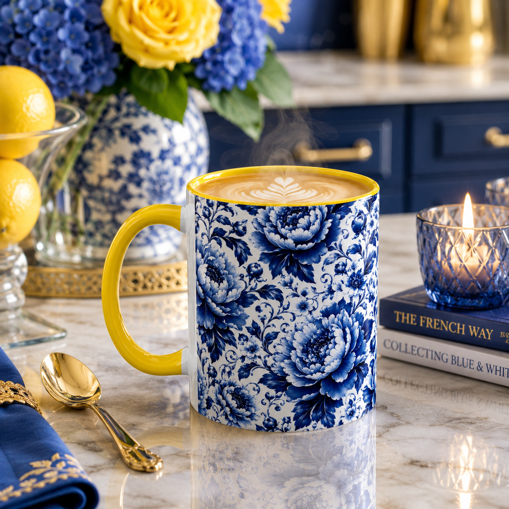 Blue Floral Ceramic Coffee Mug — Vintage Delft Peony Accent (11oz & 15oz) Blue & White Chinoiserie Tea Mug