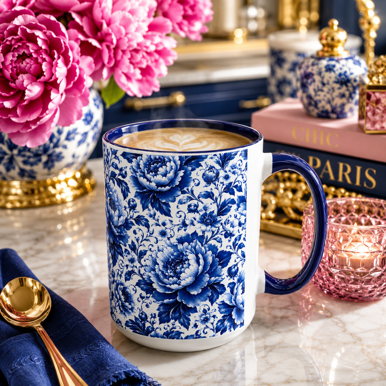 Blue Floral Ceramic Coffee Mug — Vintage Delft Peony Accent (11oz & 15oz) Blue & White Chinoiserie Tea Mug