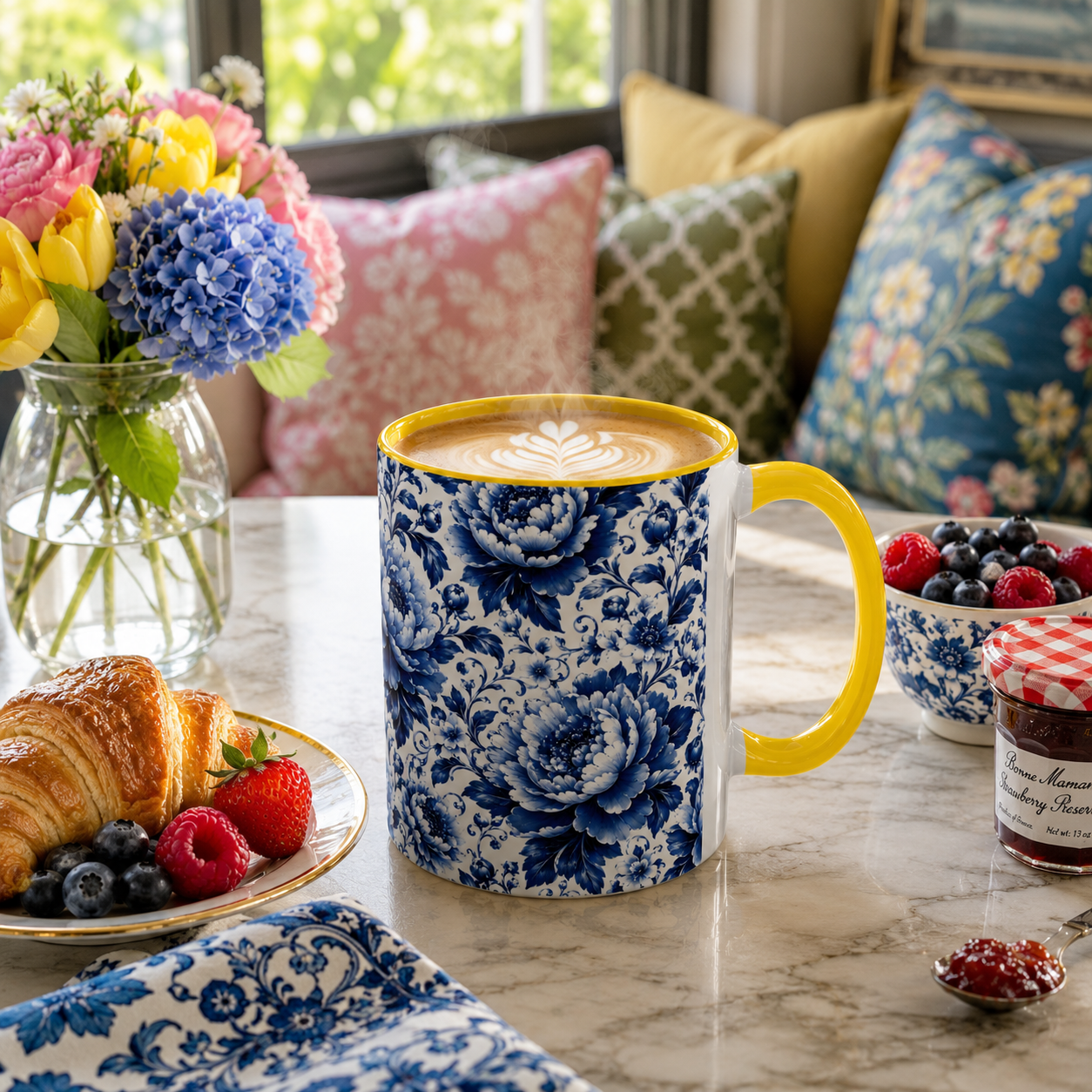 Blue Floral Ceramic Coffee Mug — Vintage Delft Peony Accent (11oz & 15oz) Blue & White Chinoiserie Tea Mug