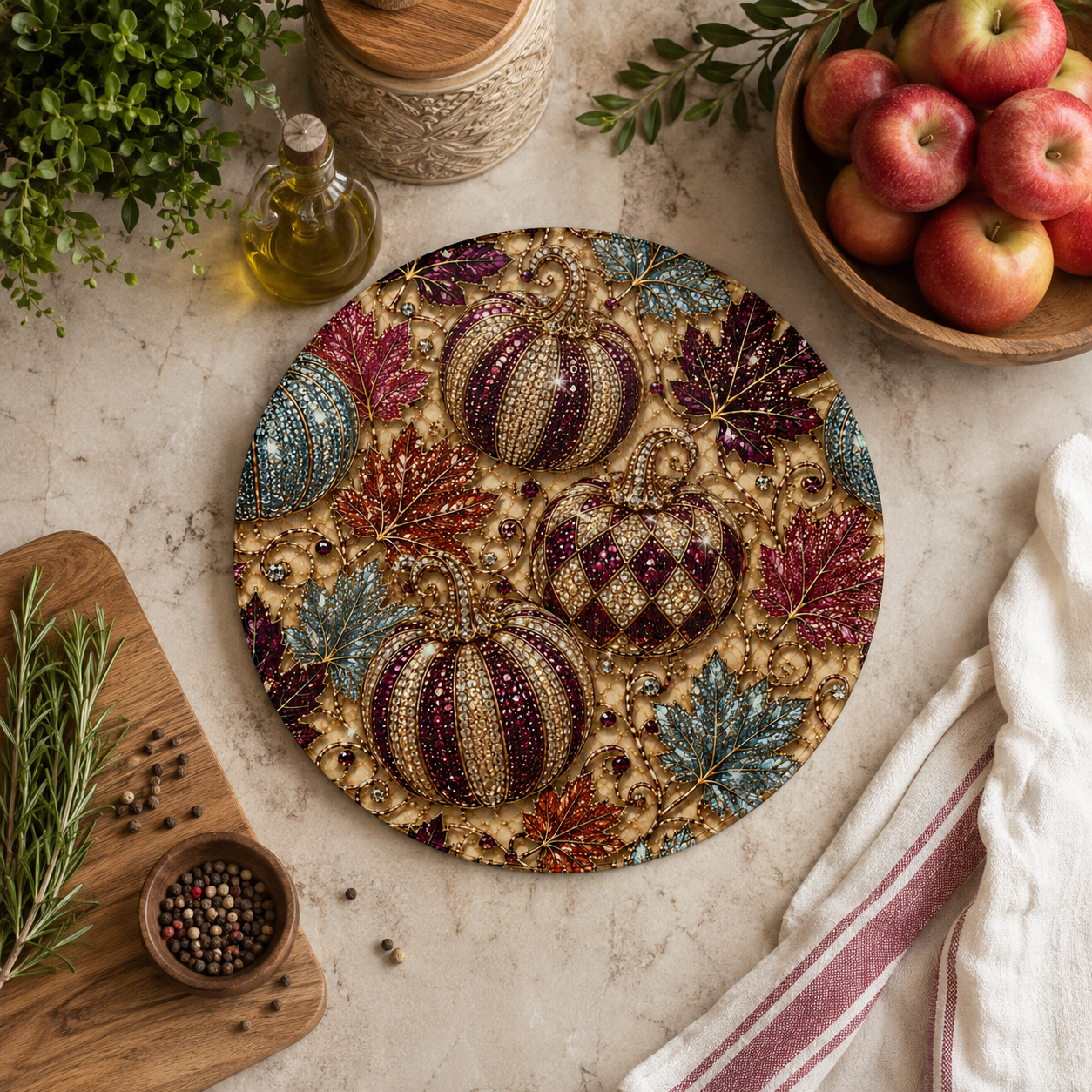 Round Pumpkin & Leaf Decorative Cutting Board — Fall Harvest Kitchen Board