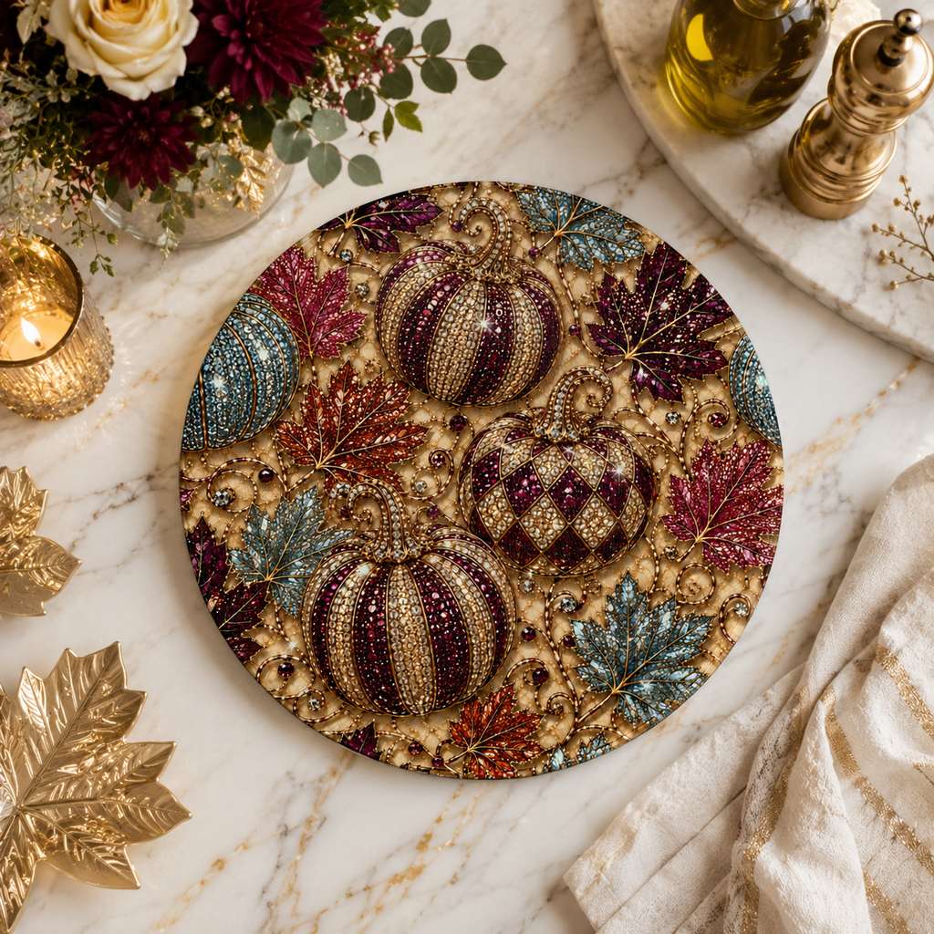 Round Pumpkin & Leaf Decorative Cutting Board — Fall Harvest Kitchen Board