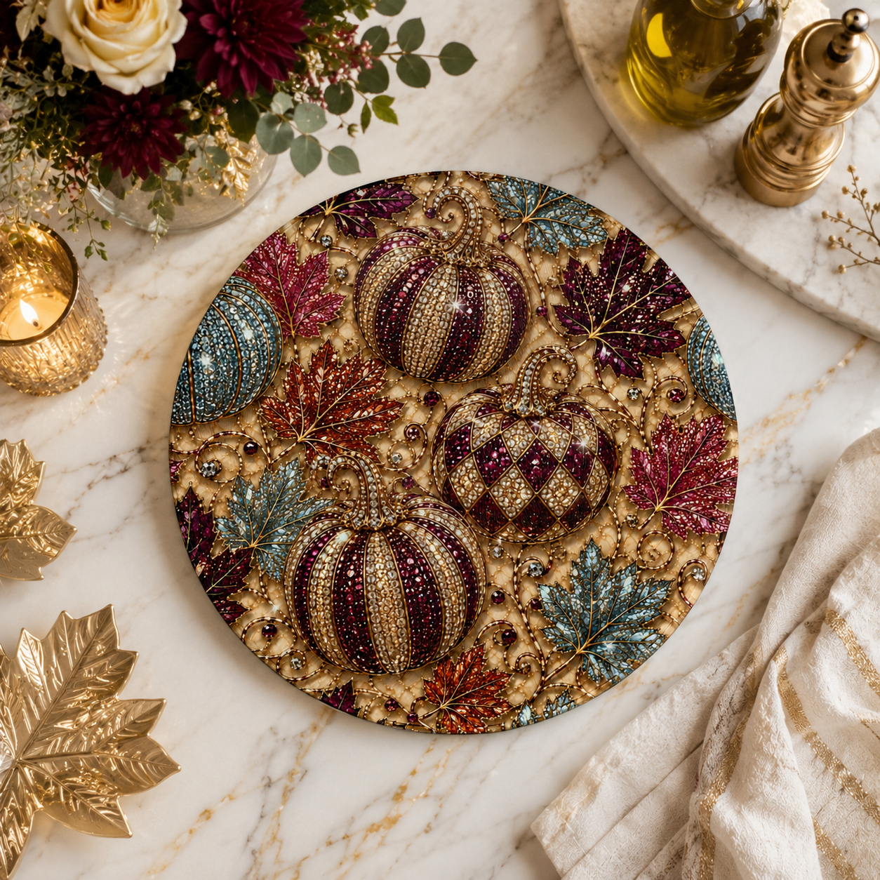 Round Pumpkin & Leaf Decorative Cutting Board — Fall Harvest Kitchen Board