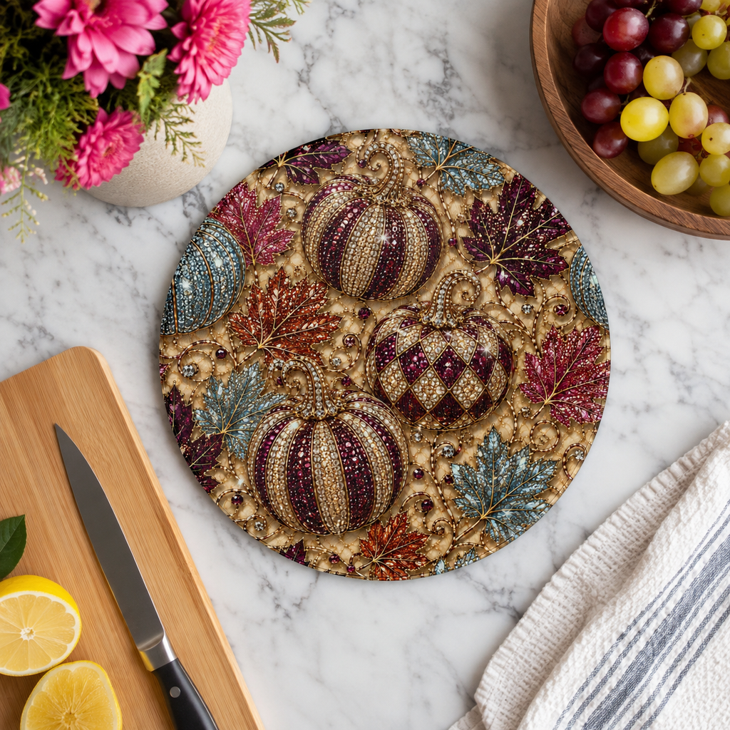 Round Pumpkin & Leaf Decorative Cutting Board — Fall Harvest Kitchen Board