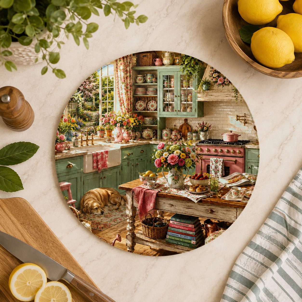 Round Cutting Board Vintage Cottage Kitchen Scene Decorative Serving Board Home