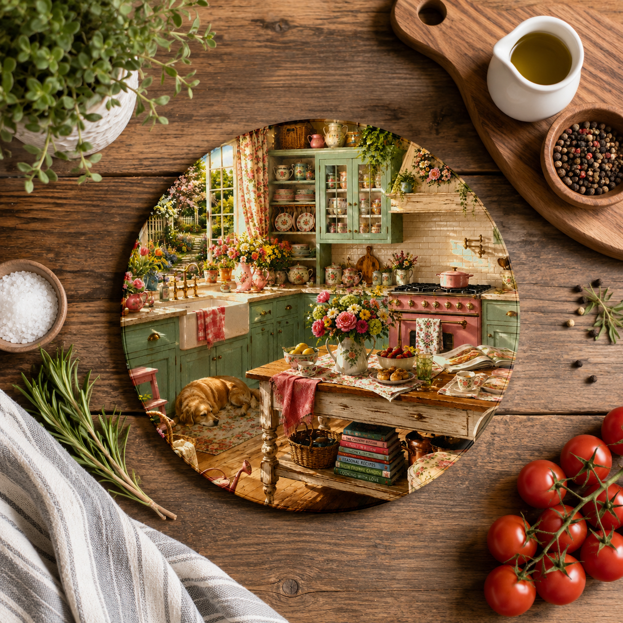 Round Cutting Board Vintage Cottage Kitchen Scene Decorative Serving Board Home