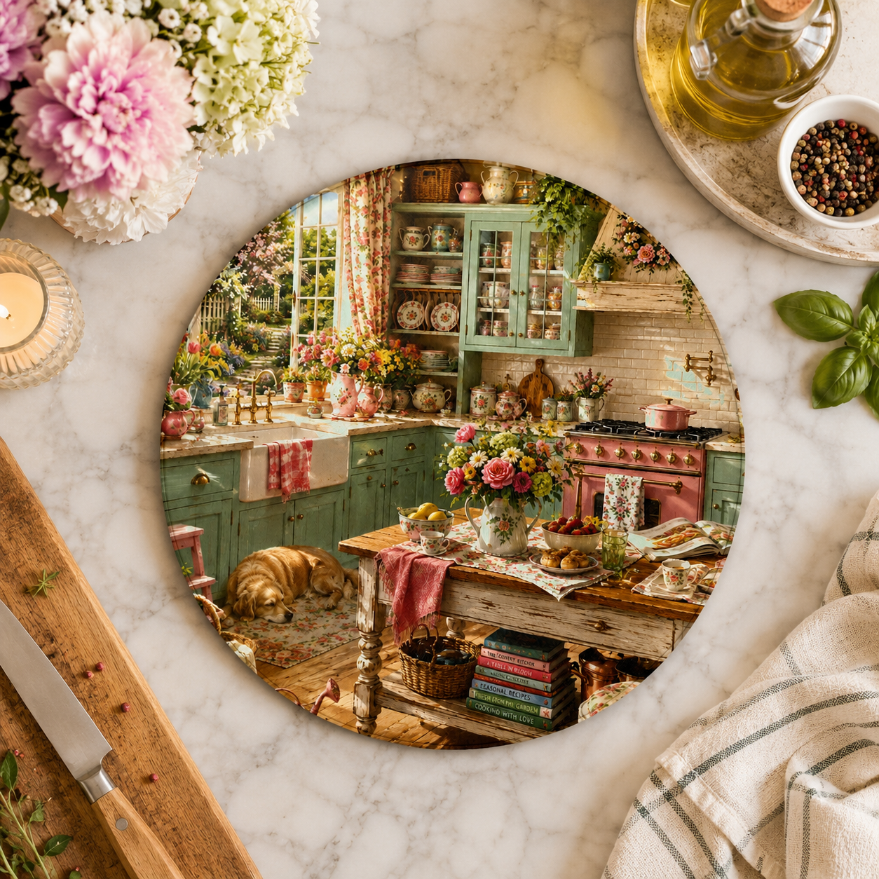 Round Cutting Board Vintage Cottage Kitchen Scene Decorative Serving Board Home