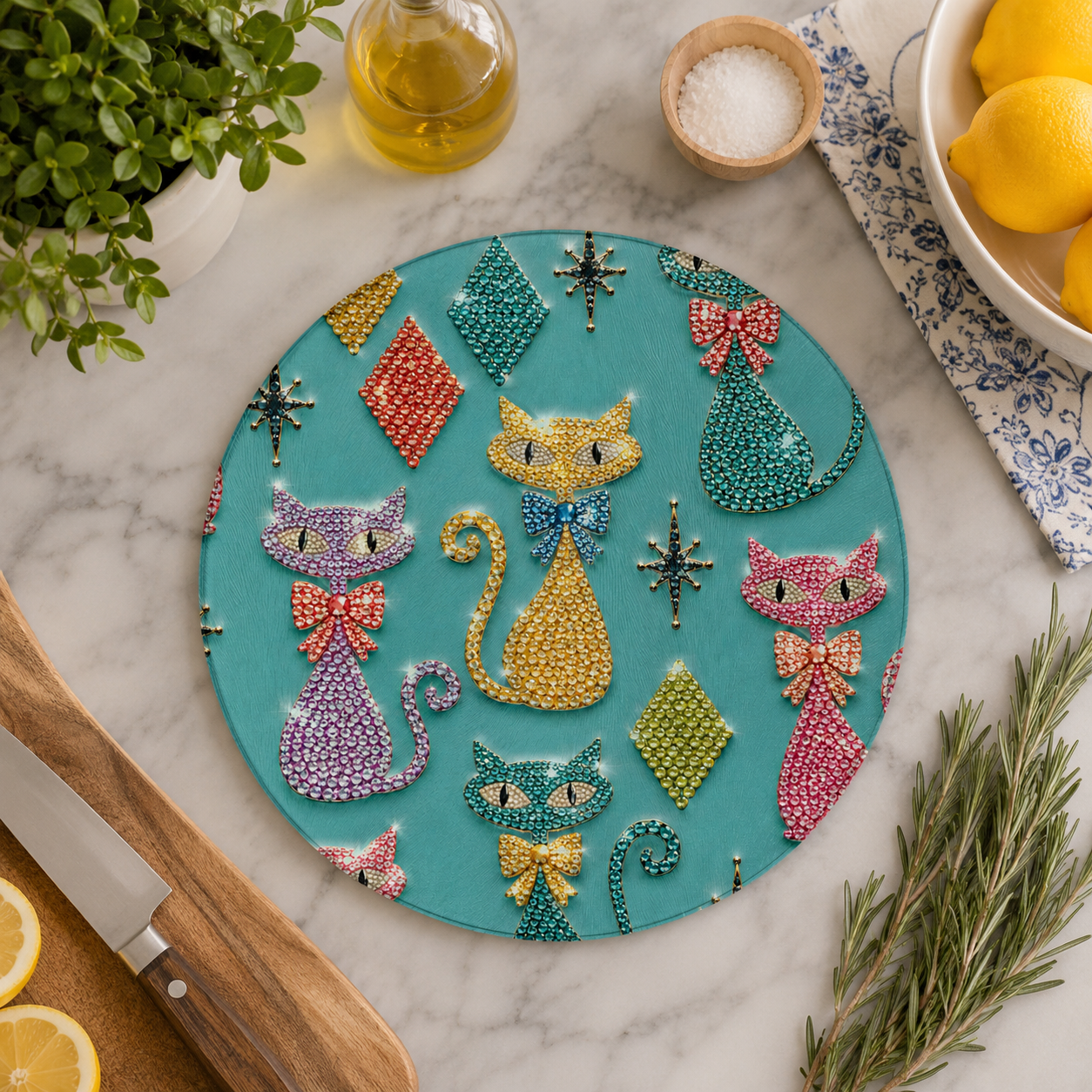 Round Cutting Board  Atomic Retro Bejeweled Cats Pattern Kitchen Serving Board