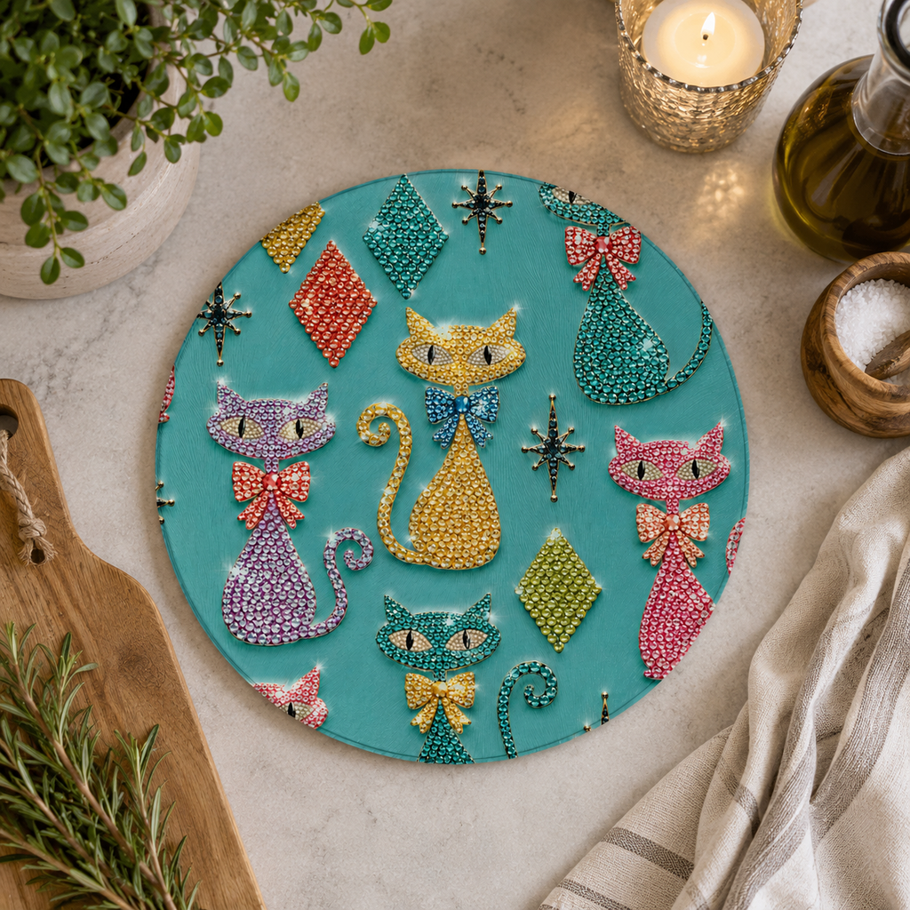 Round Cutting Board  Atomic Retro Bejeweled Cats Pattern Kitchen Serving Board