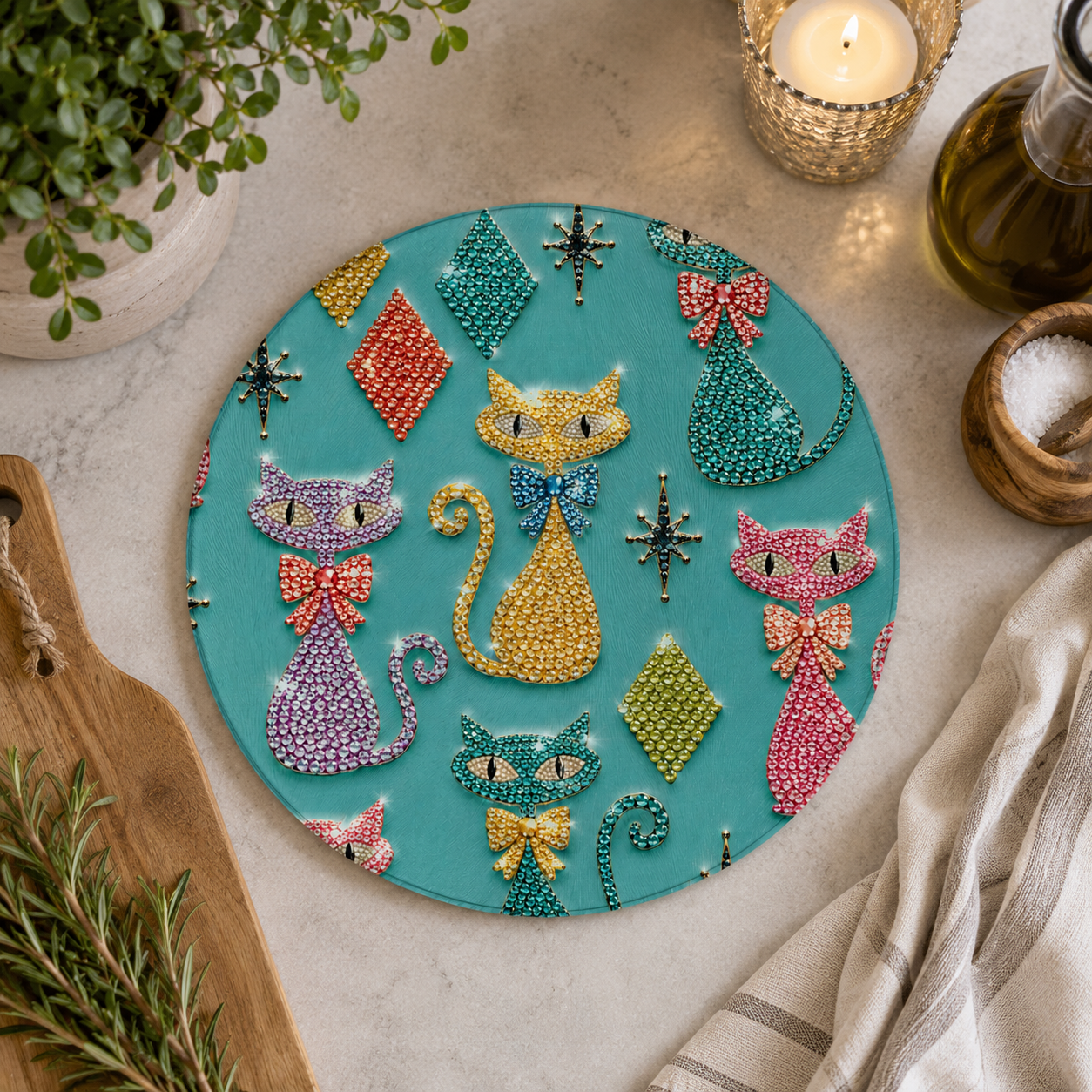 Round Cutting Board  Atomic Retro Bejeweled Cats Pattern Kitchen Serving Board