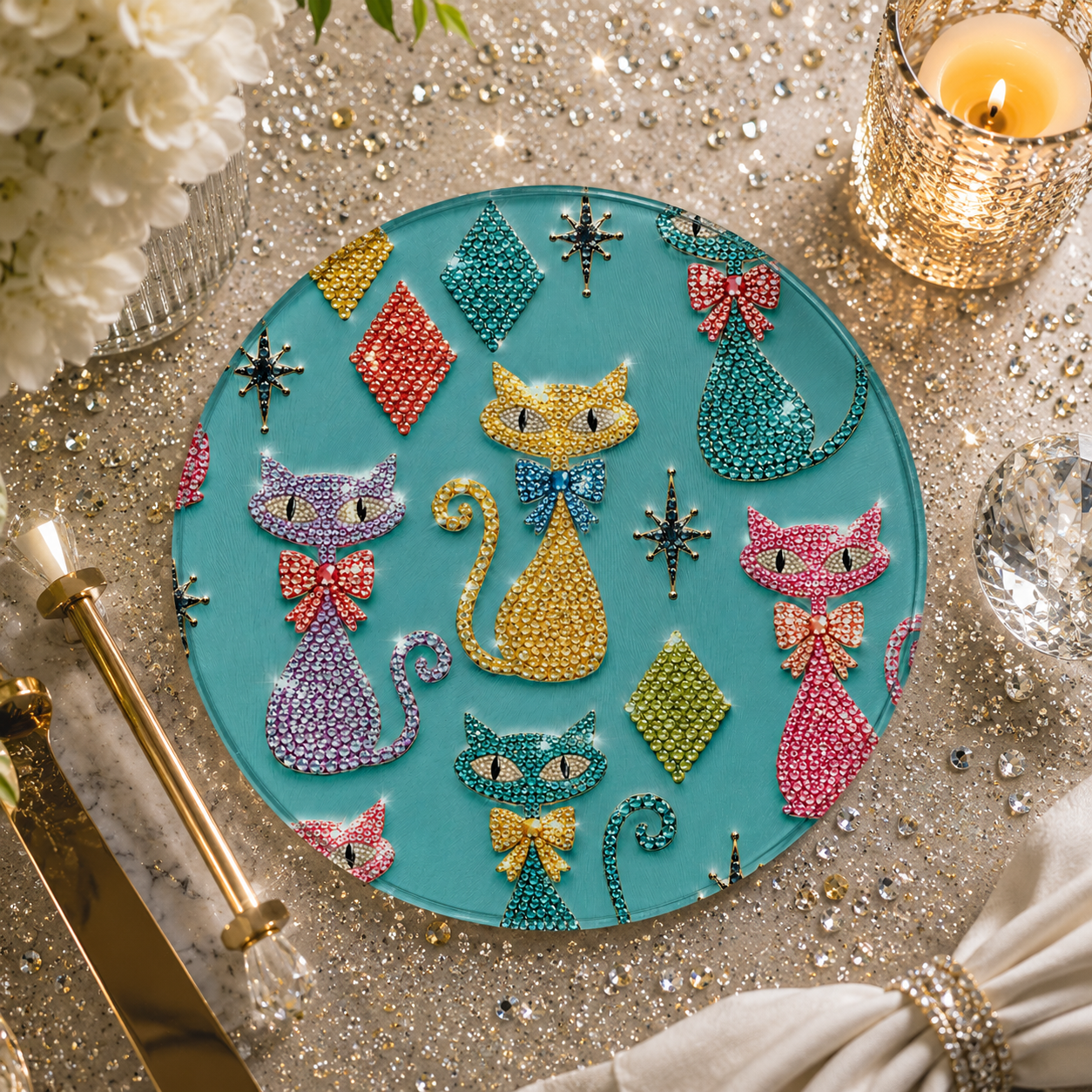 Round Cutting Board  Atomic Retro Bejeweled Cats Pattern Kitchen Serving Board