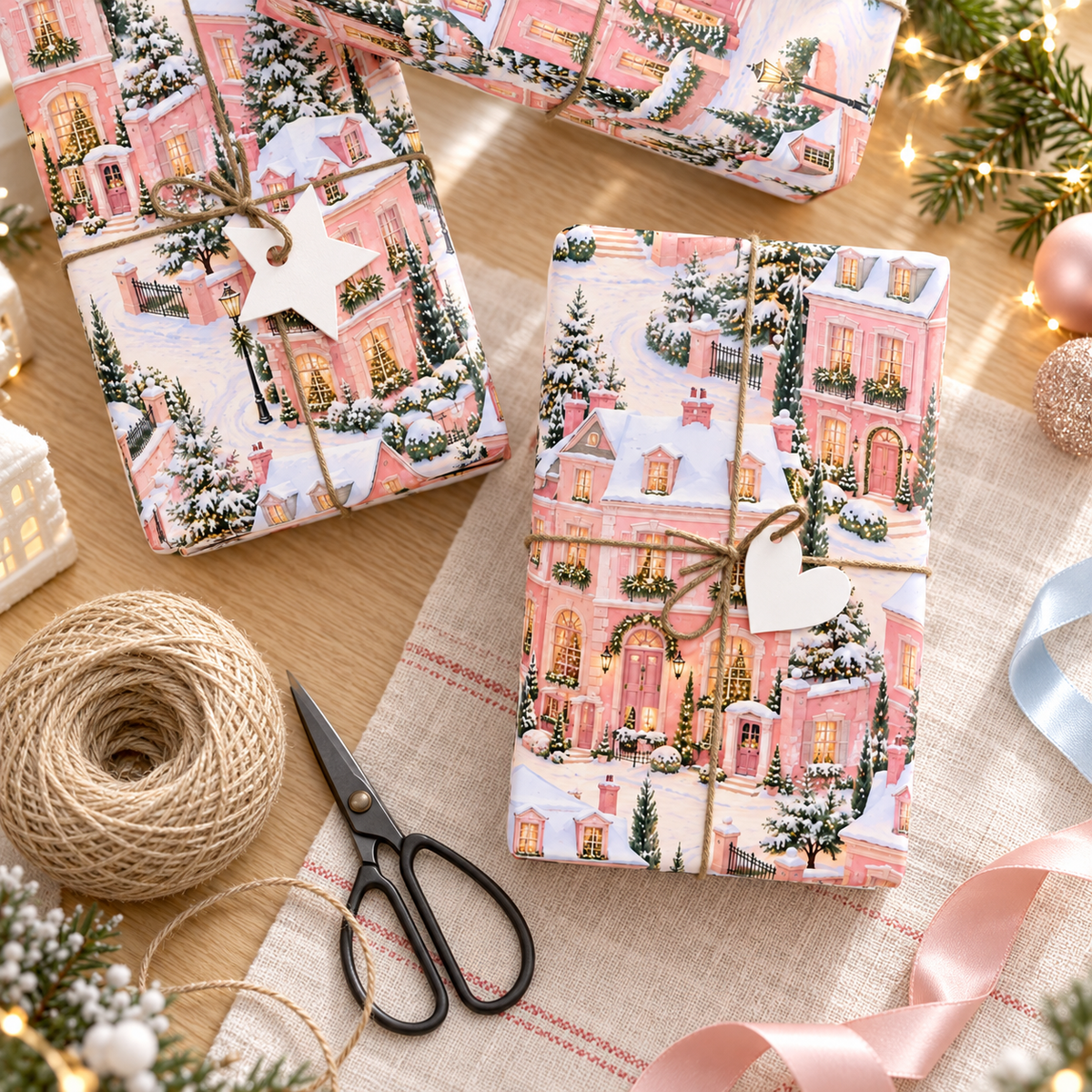 Wrapping Paper — Pink Snowy Village Holiday Gift Wrap (Festive Cottage Pattern)