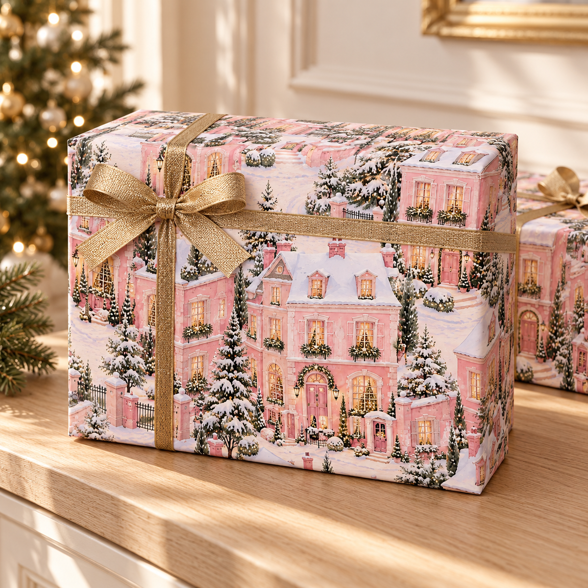 Wrapping Paper — Pink Snowy Village Holiday Gift Wrap (Festive Cottage Pattern)
