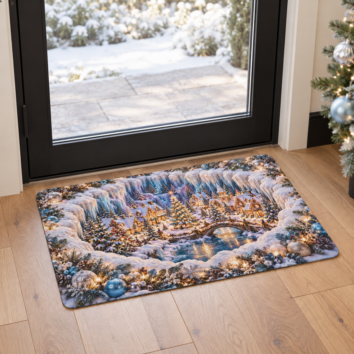 Icy Blue Christmas Village Doormat | Winter Wonderland